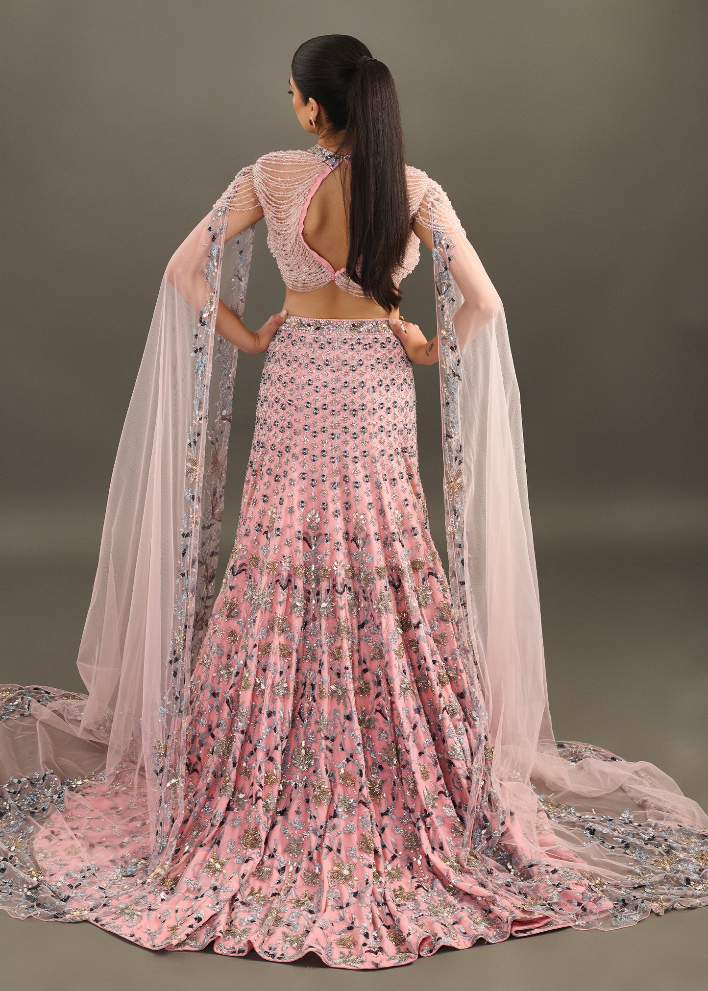Light Mauve Embellished Lehenga Set with Beaded Floor-Length Cape