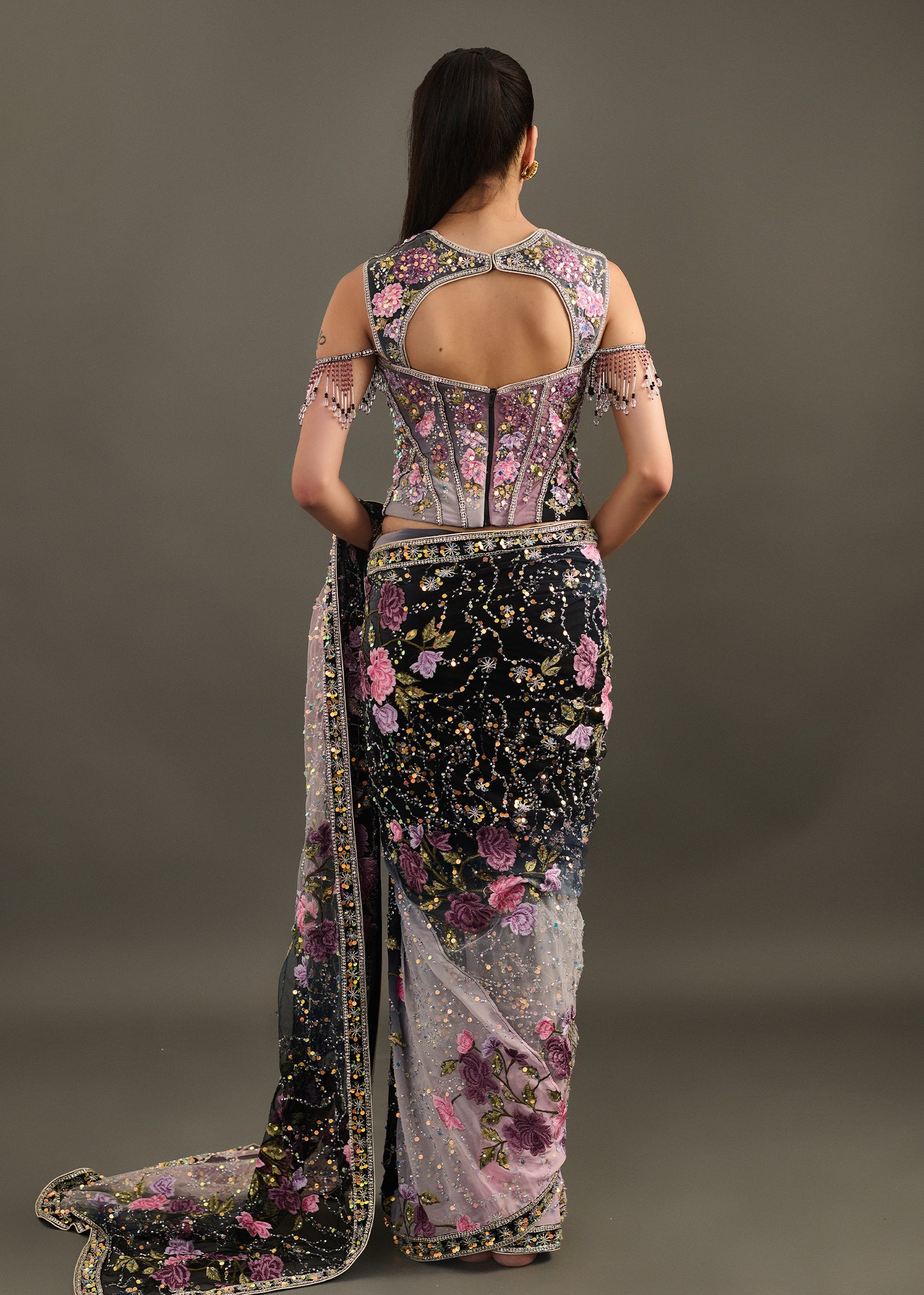 Black and Grey Ombre Saree with Embellished Corset Blouse and Beaded Fringe