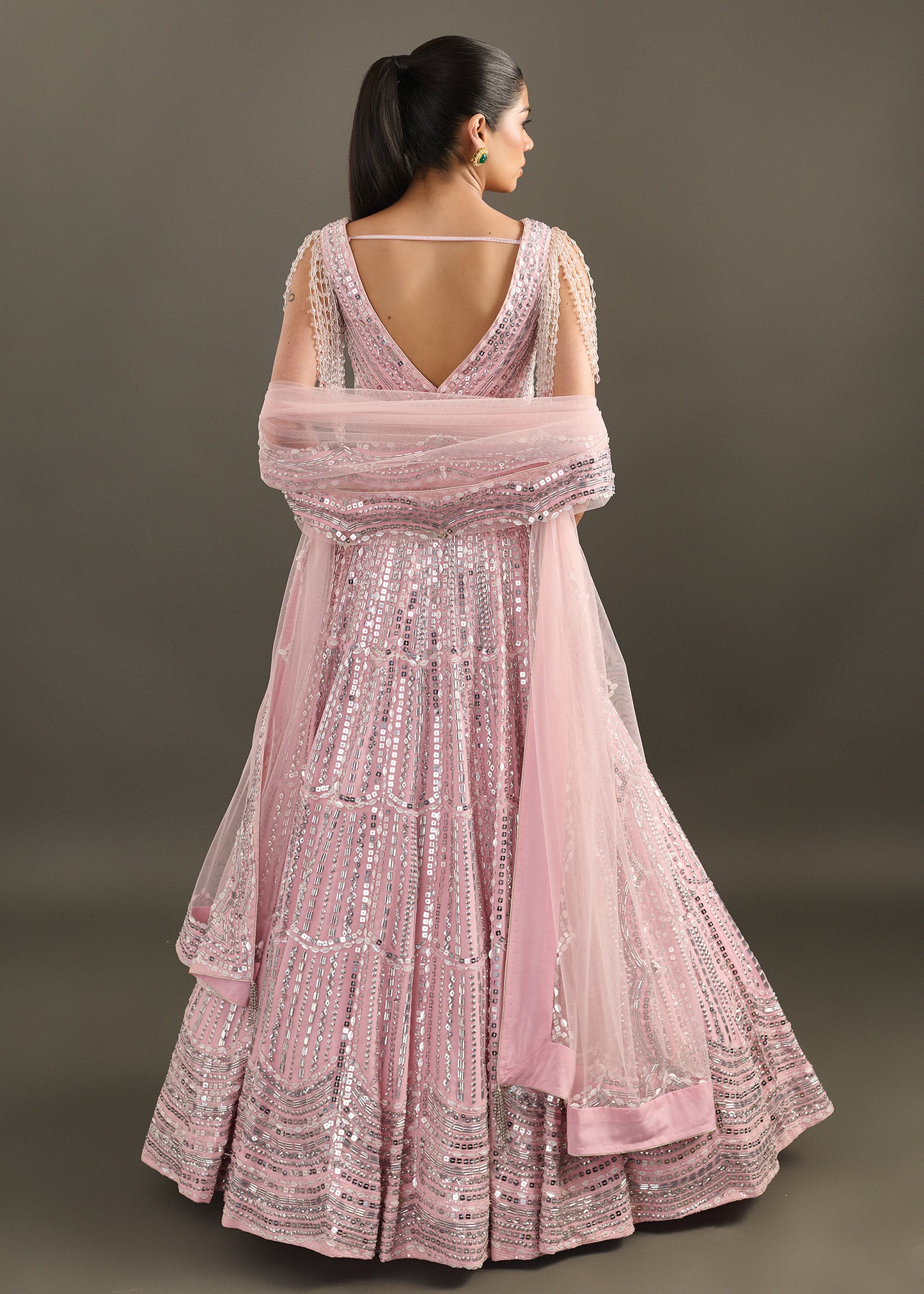 Baby Pink Embellished Lehenga with V-Neck Blouse and Pearl Fringe