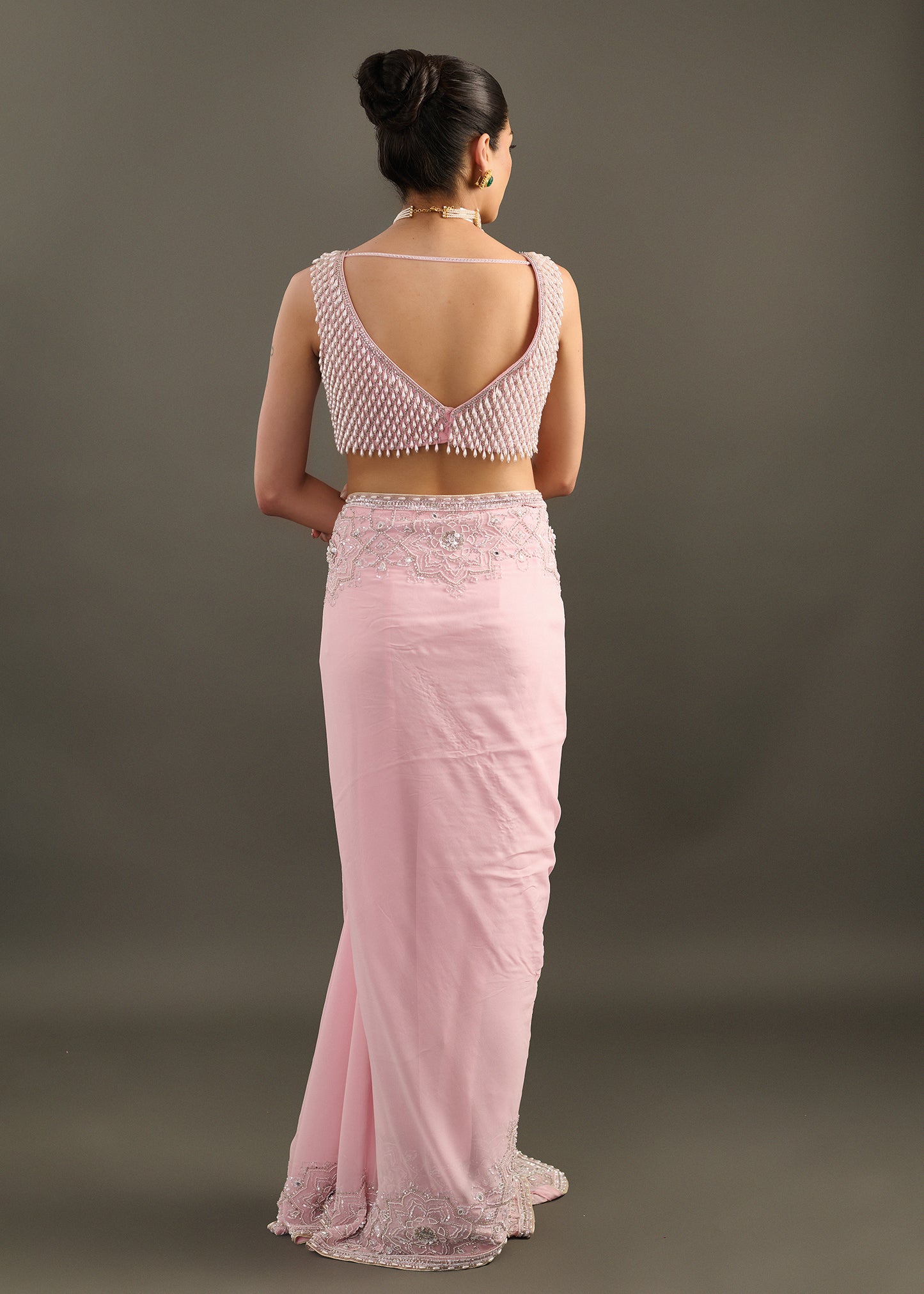 Powder Pink Embellished Saree with Sleeveless Beaded Blouse