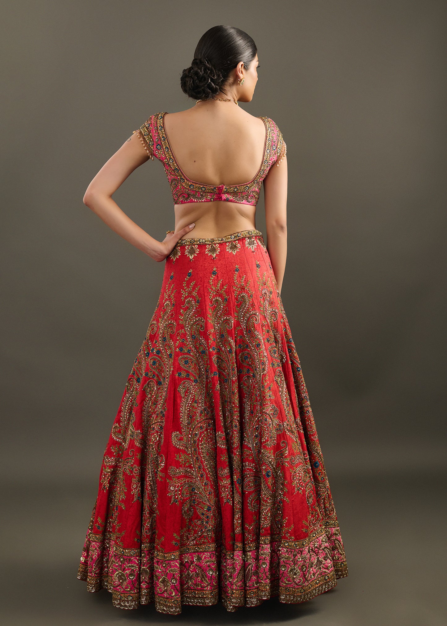 Red and Rose Pink Embroidered Lehenga and Blouse with Sheer Dupatta