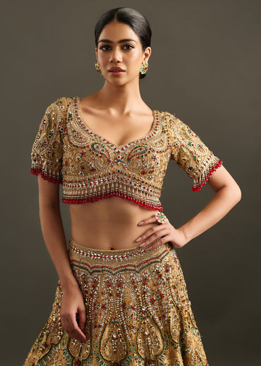 Embellished Gold-Toned Lehenga with Fitted Blouse and Dupatta