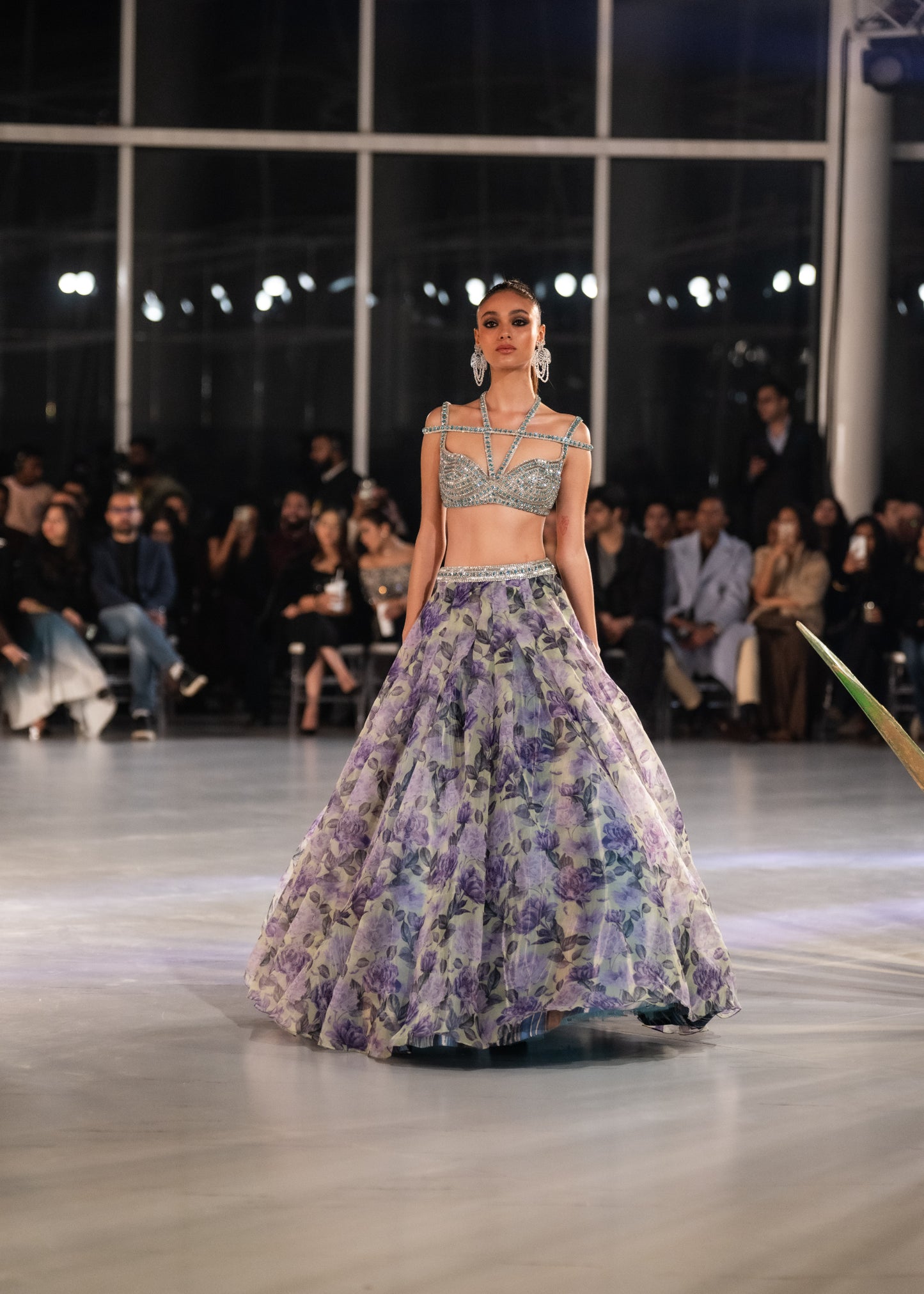 Purple And Green Floral Printed Skirt With Crystal Blouse