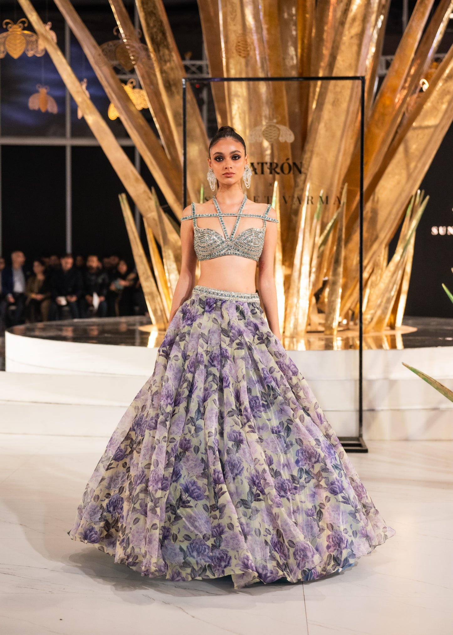 Purple And Green Floral Printed Skirt With Crystal Blouse