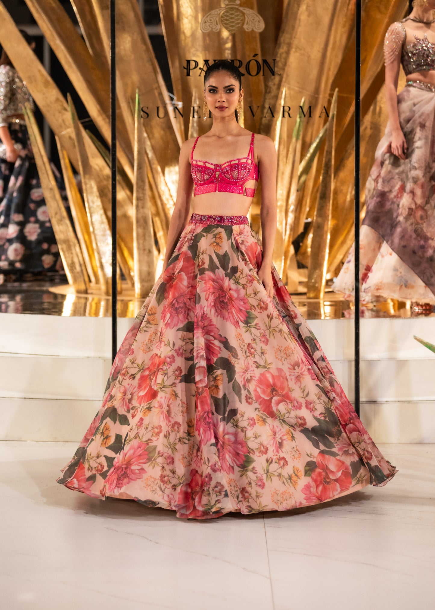 Pink Floral Printed Skirt With Crytal Studded Blouse