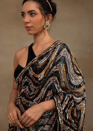 Black and Gold Abstract Sequin Saree with One-Shoulder Blouse