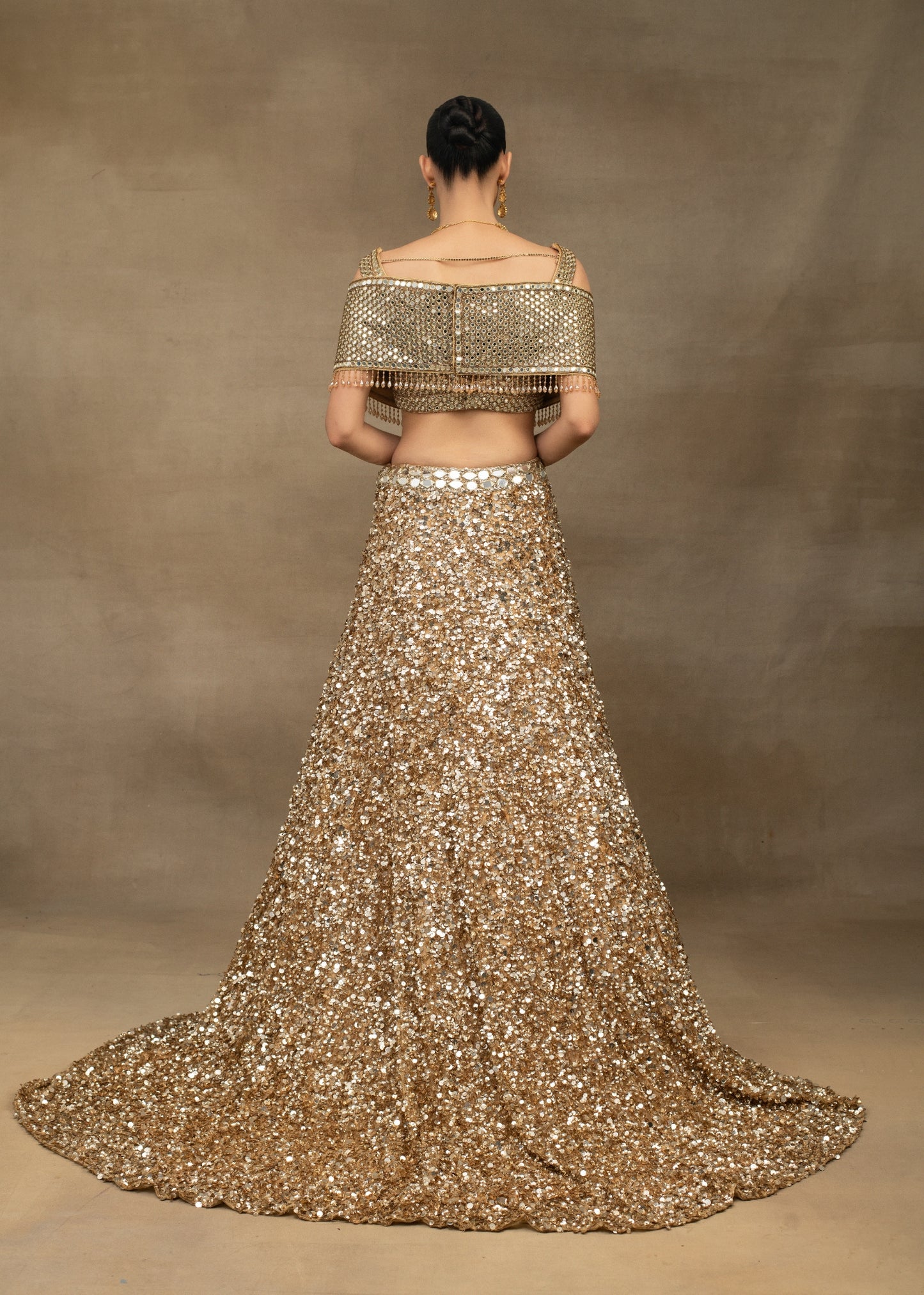 Gold Sequin Ruffled Blouse and Lehenga Set