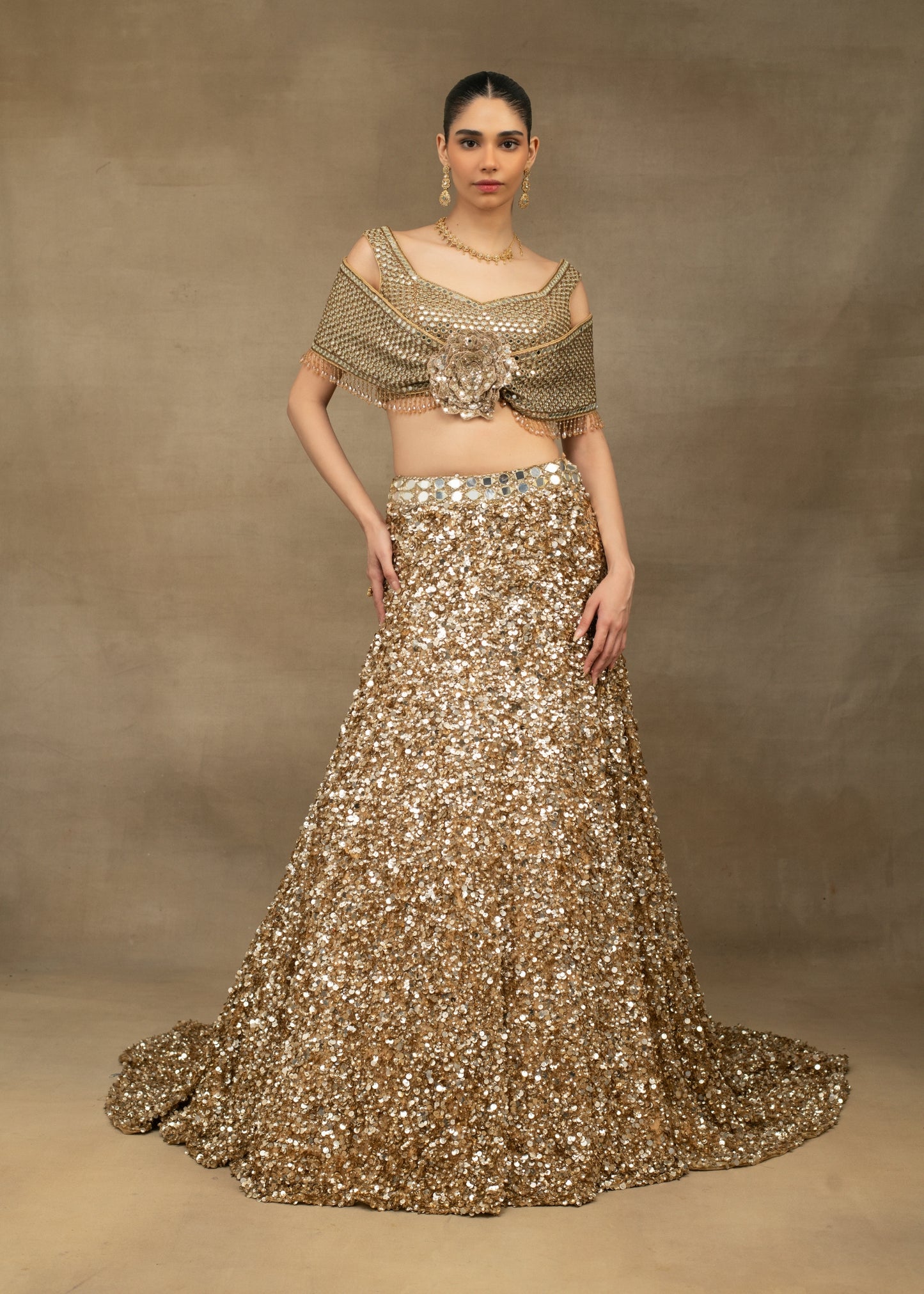Gold Sequin Ruffled Blouse and Lehenga Set
