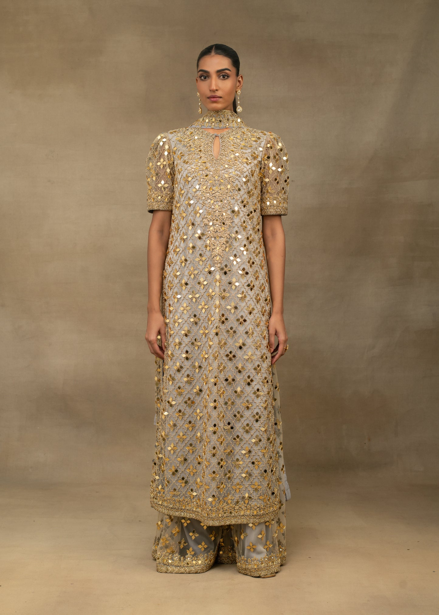 Grey and Gold Embellished High-Neck Kurta Set
