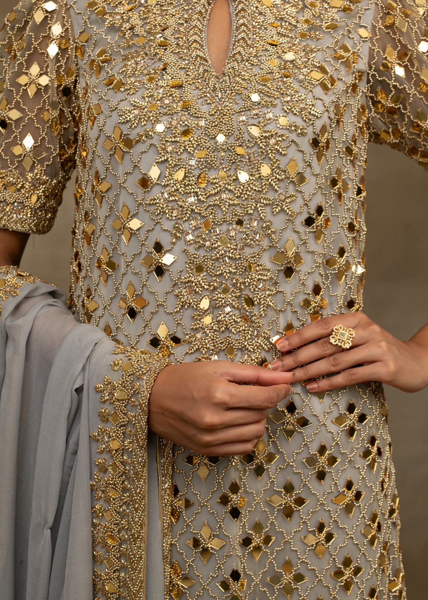 Grey and Gold Embellished High-Neck Kurta Set