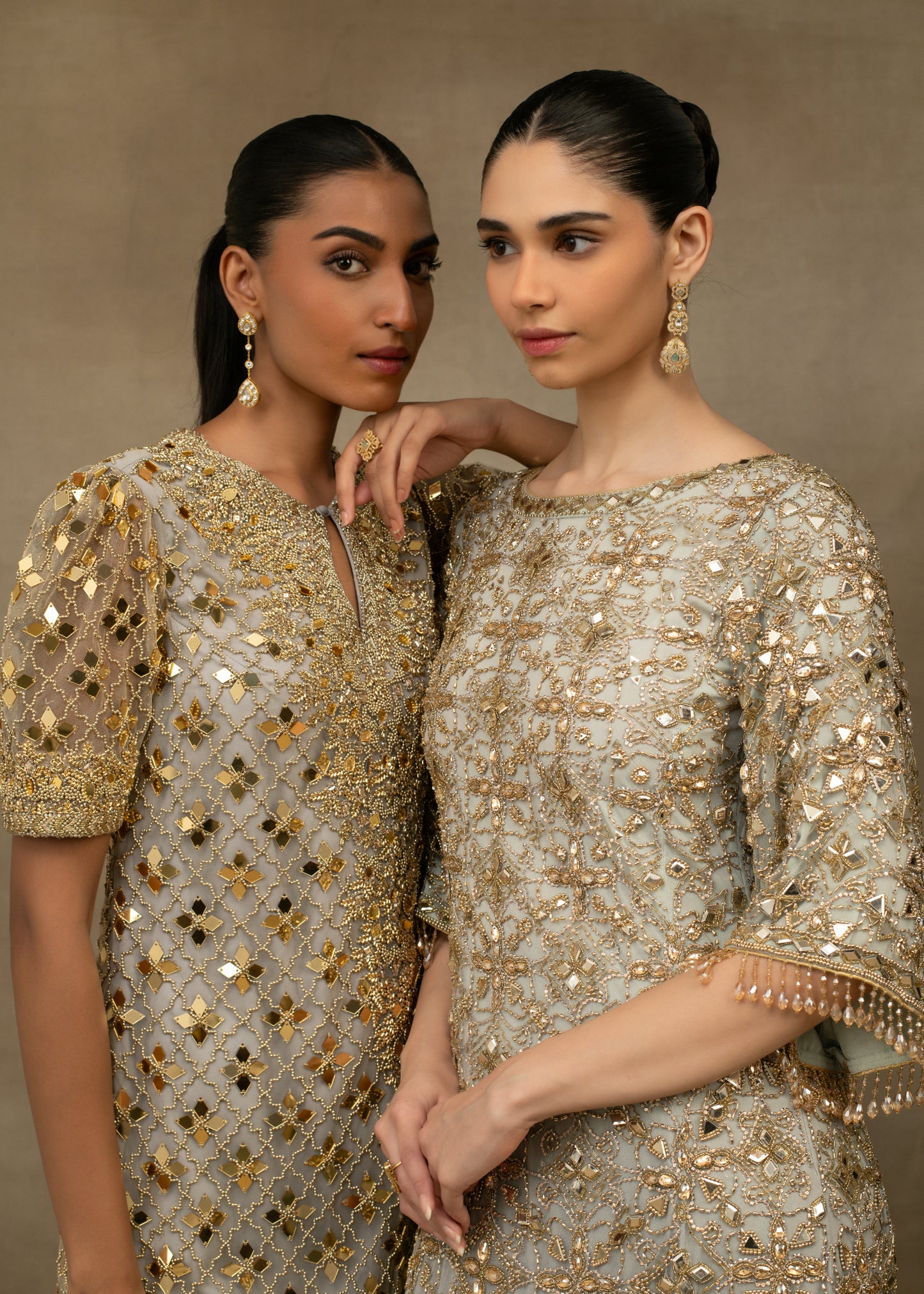 Grey and Gold Embellished High-Neck Kurta Set