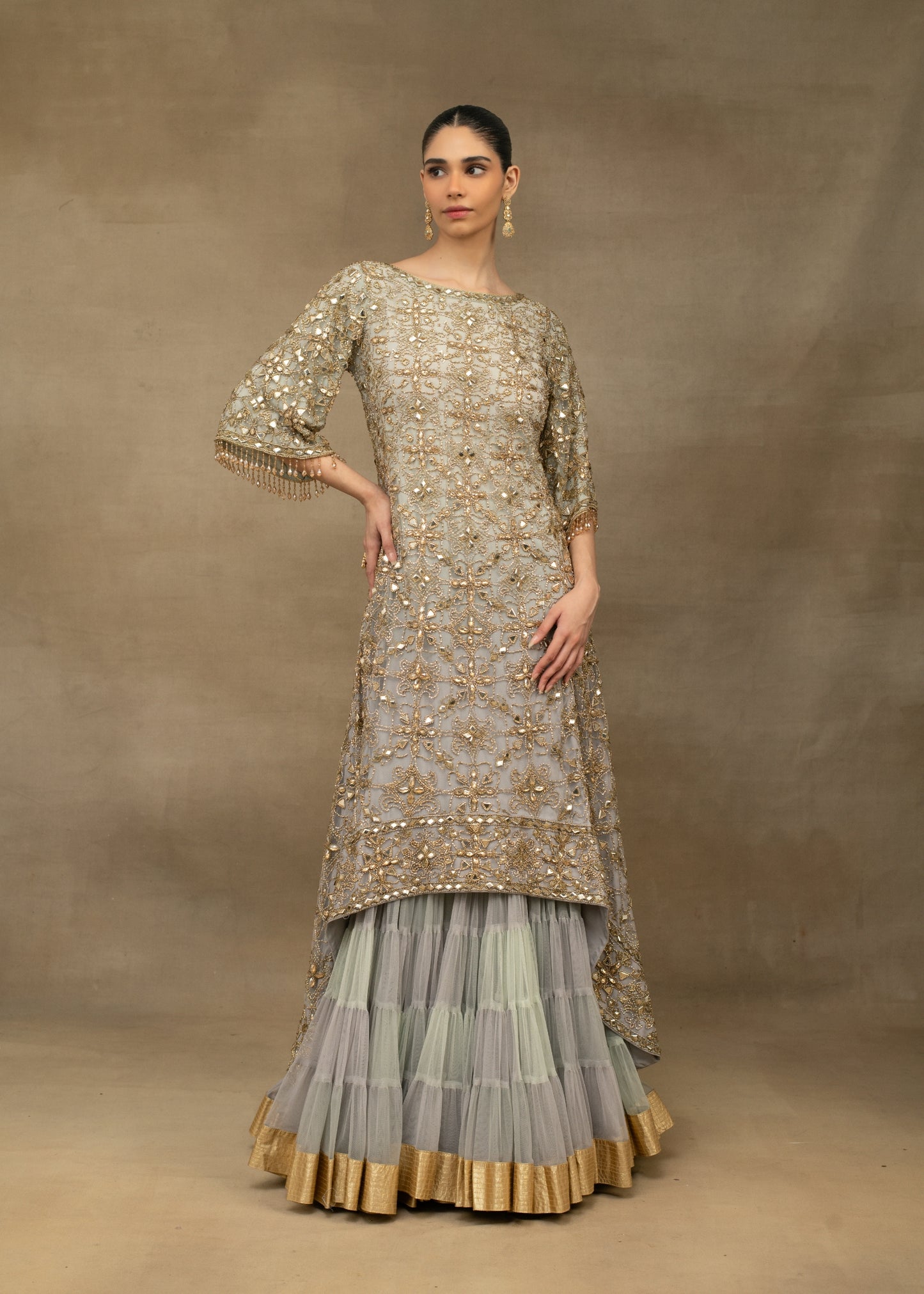 Grey and Gold Embellished Layered Sharara Set