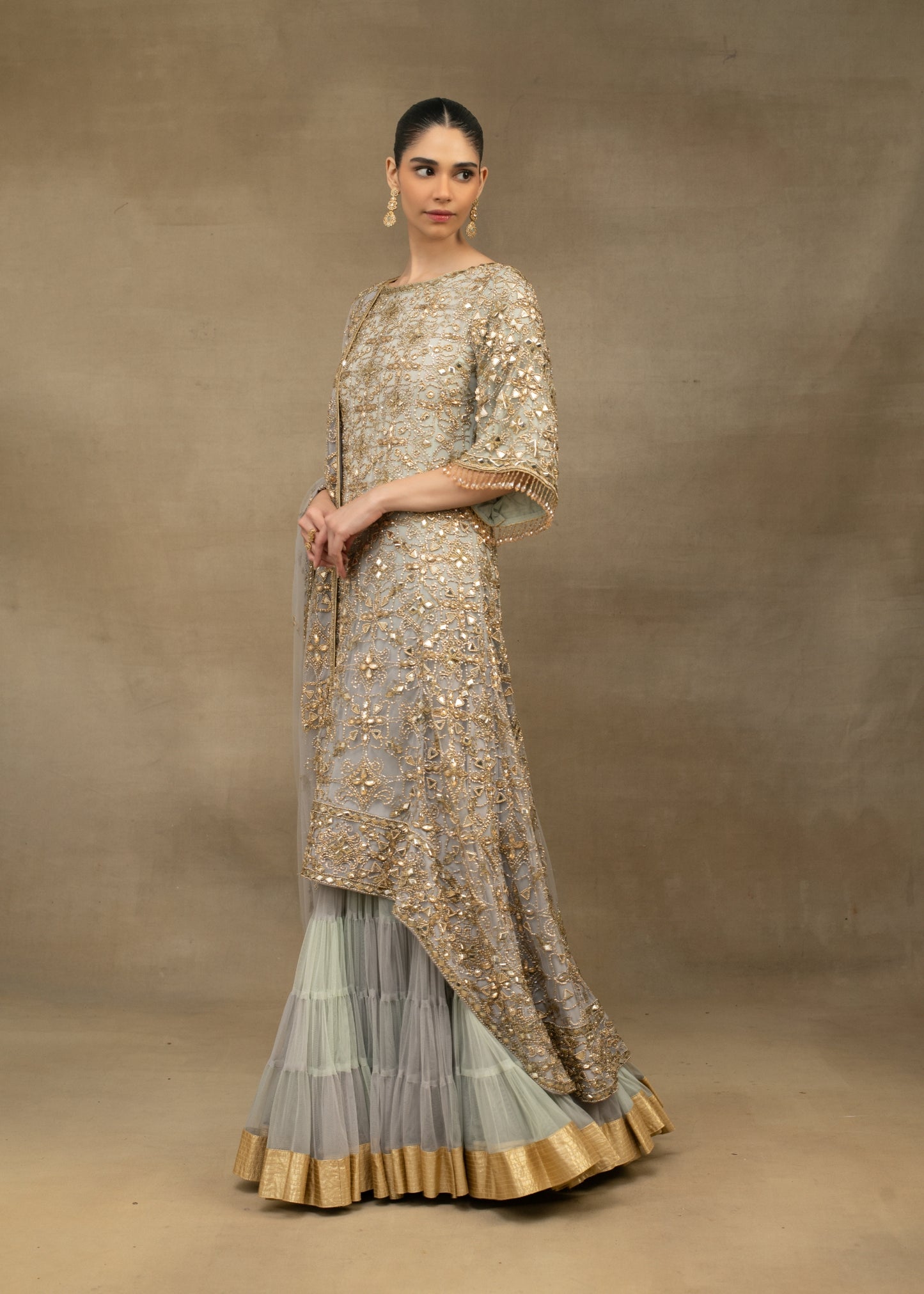 Grey and Gold Embellished Layered Sharara Set