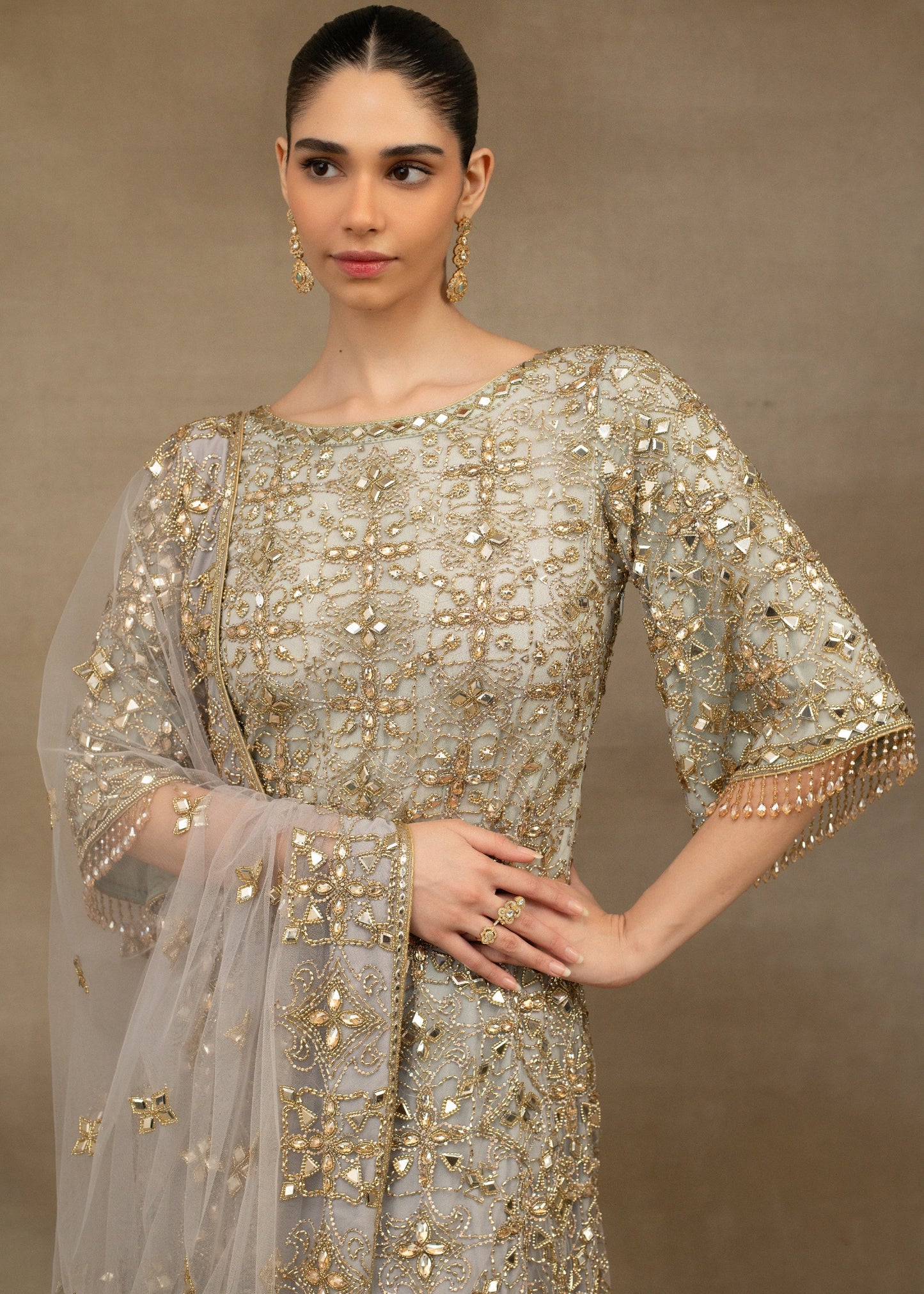 Grey and Gold Embellished Layered Sharara Set
