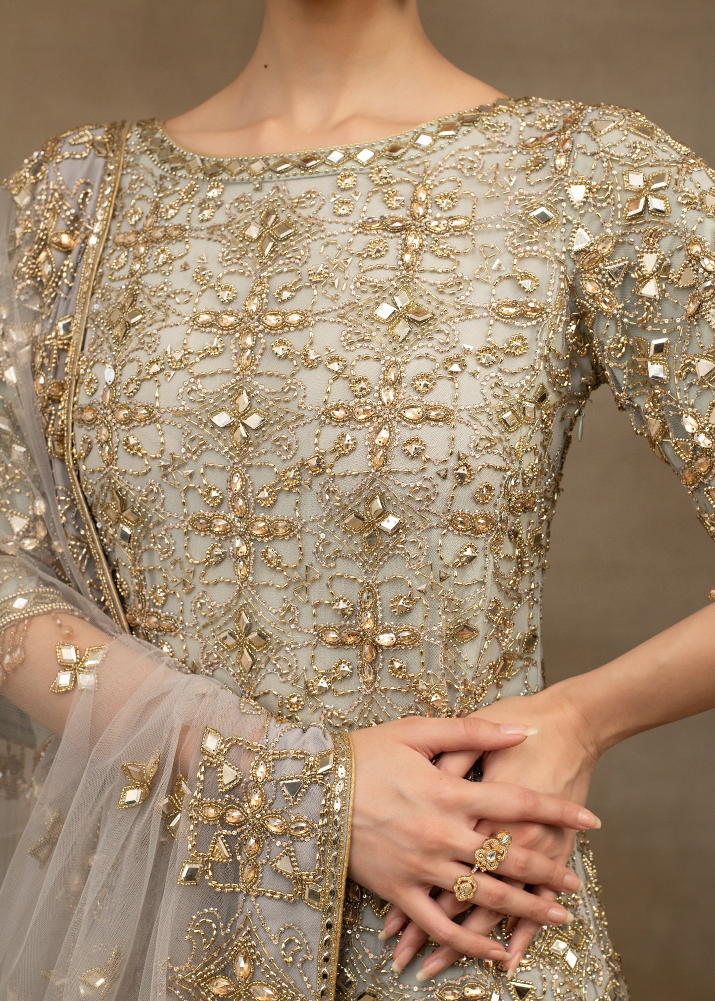 Grey and Gold Embellished Layered Sharara Set