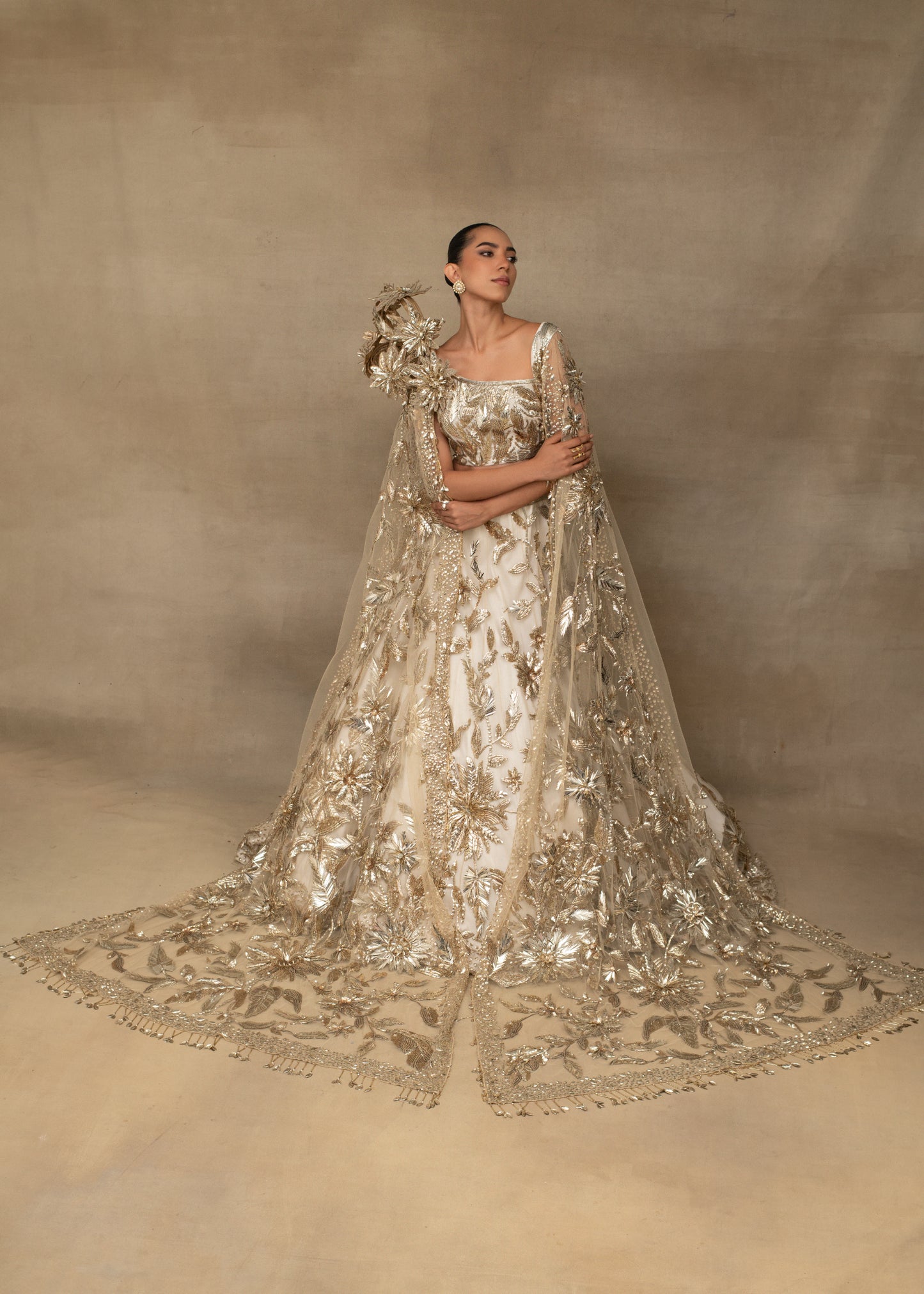Ivory and Gold Embellished Lehenga