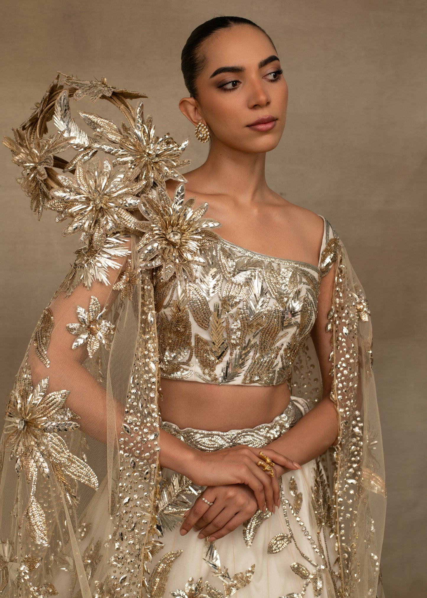 Ivory and Gold Embellished Lehenga
