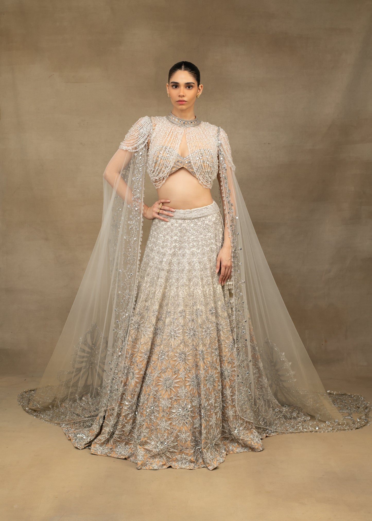 Silver Embellished Lehenga with Waterfall Cape Blouse