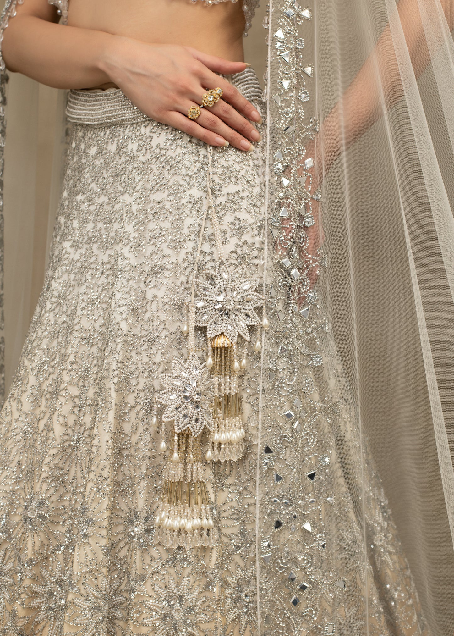 Silver Embellished Lehenga with Waterfall Cape Blouse