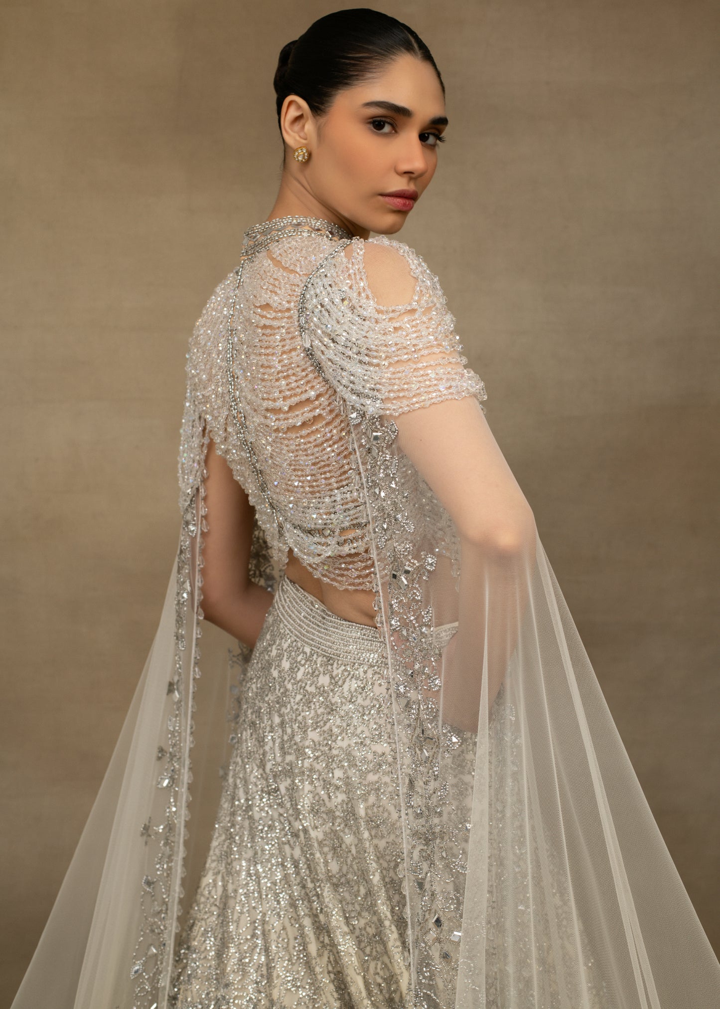 Silver Embellished Lehenga with Waterfall Cape Blouse