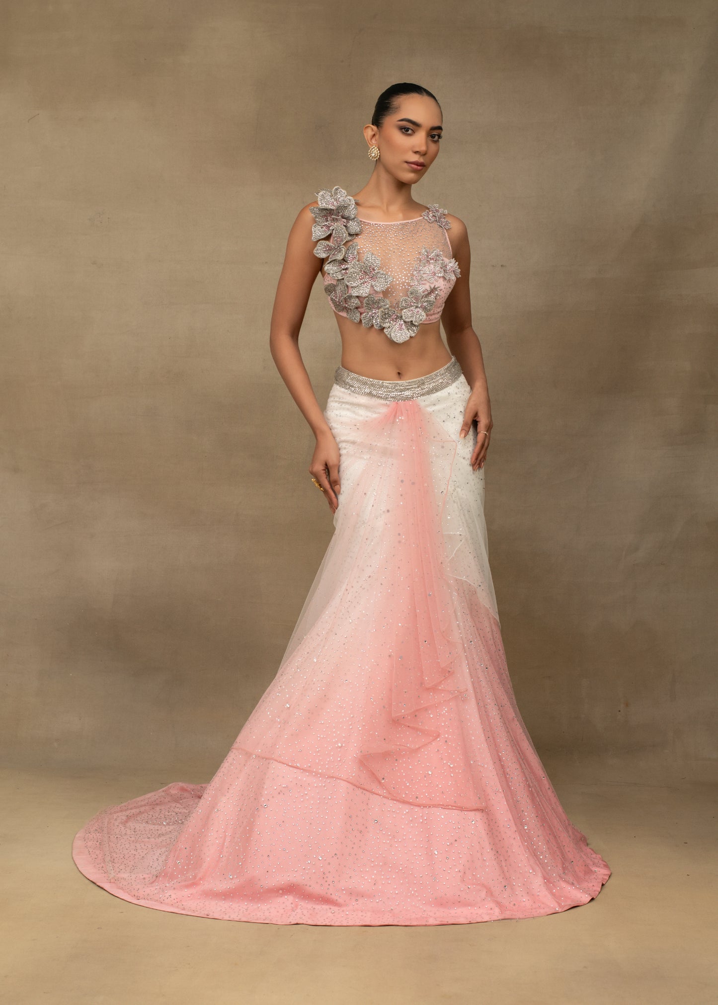 Ombre Pink and White Sequin Trail Lehenga Set