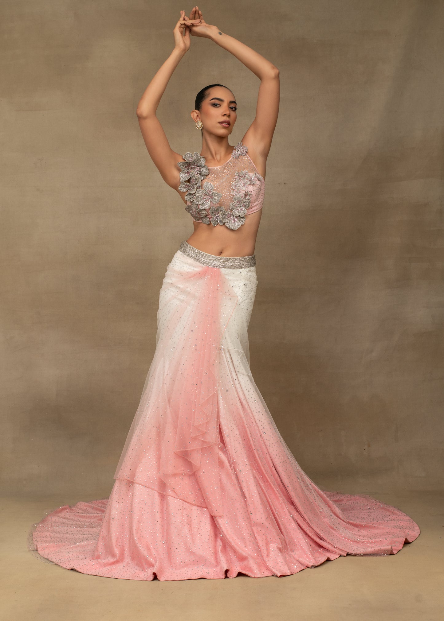 Ombre Pink and White Sequin Trail Lehenga Set
