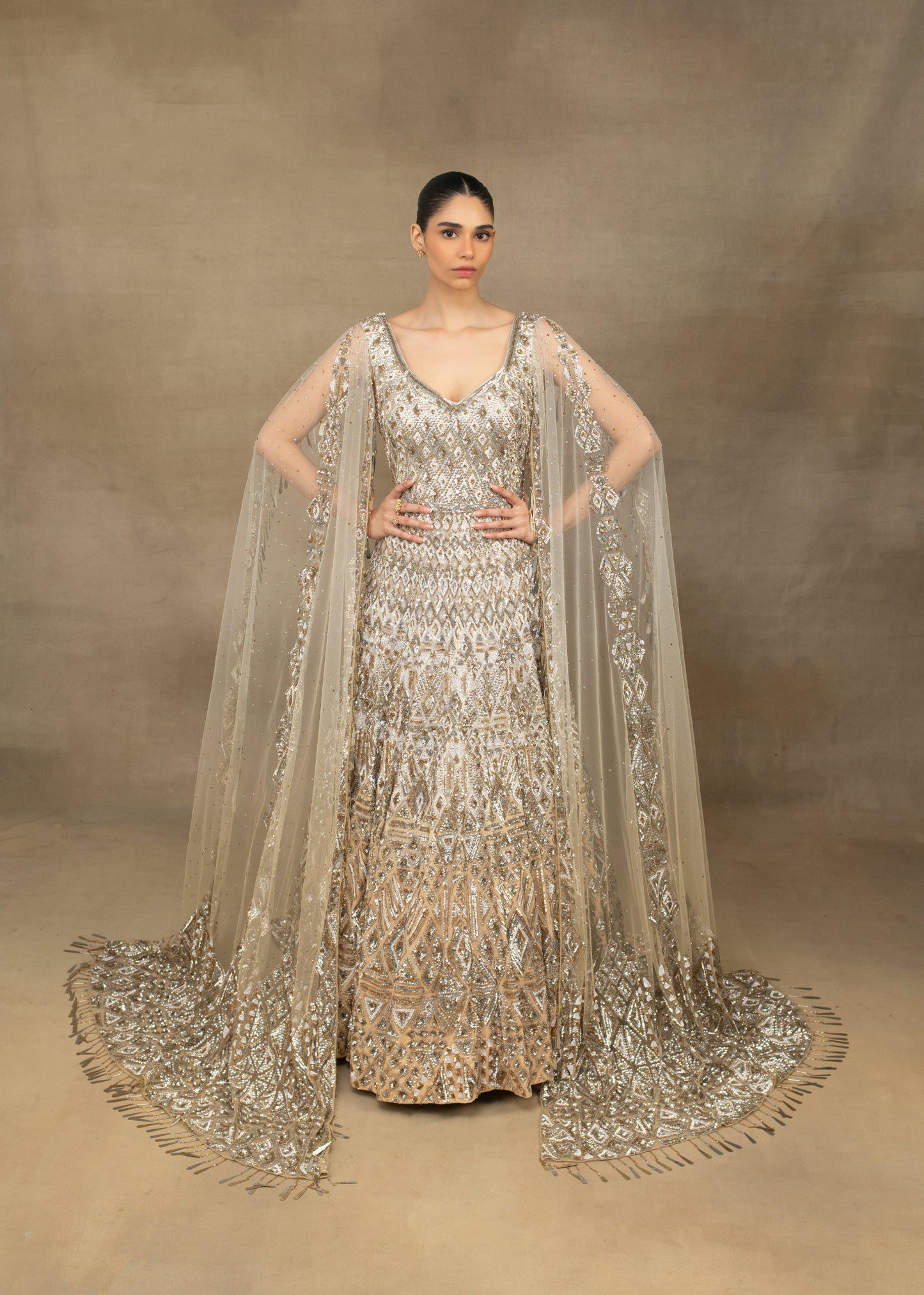 Silver and Gold Embellished Gown with Sheer Cape Sleeves