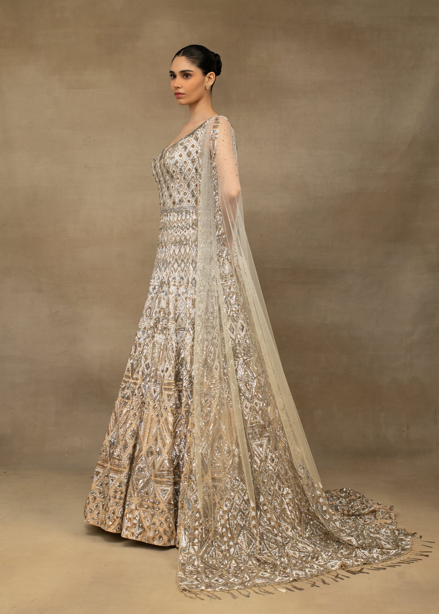 Silver and Gold Embellished Gown with Sheer Cape Sleeves