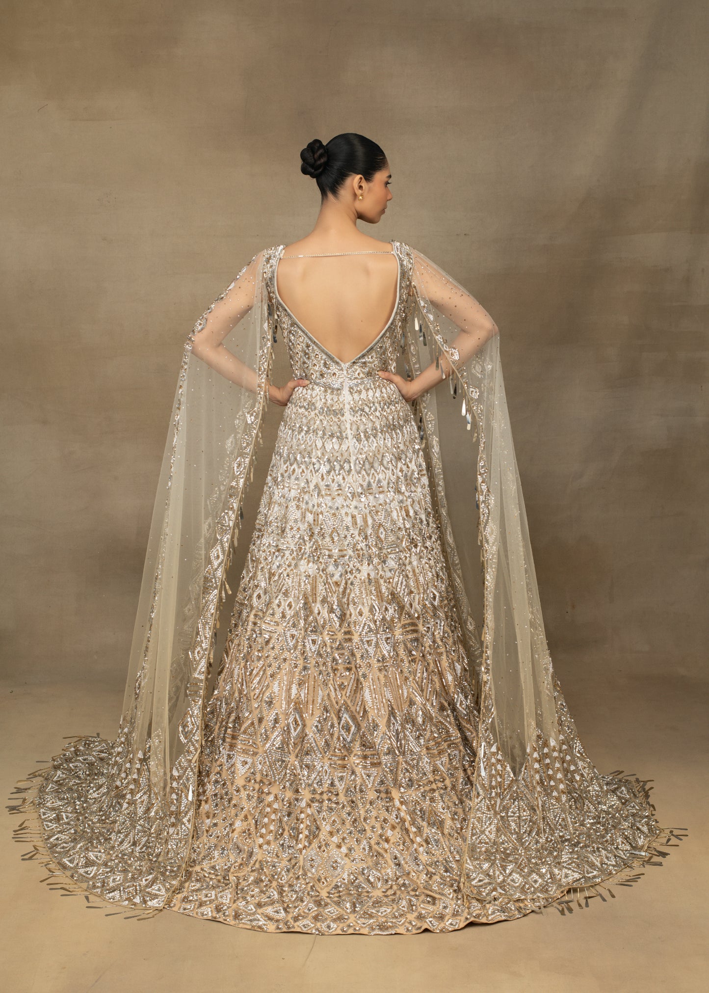 Silver and Gold Embellished Gown with Sheer Cape Sleeves