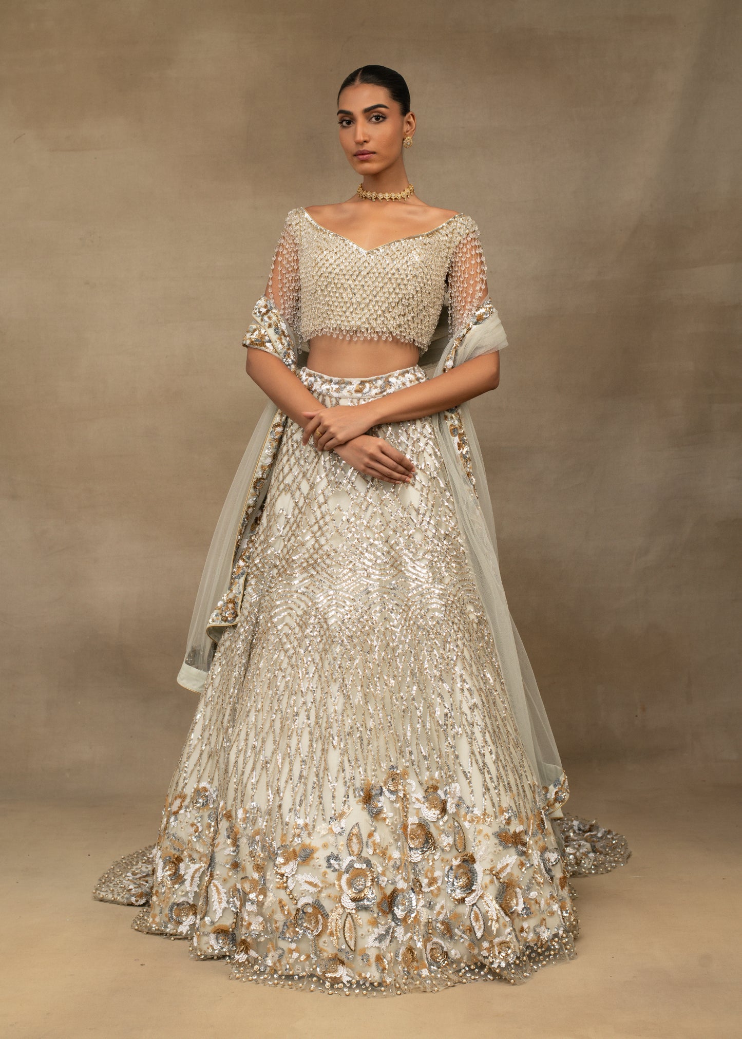 Pearl Embellished Blouse and White Sequin Lehenga Set