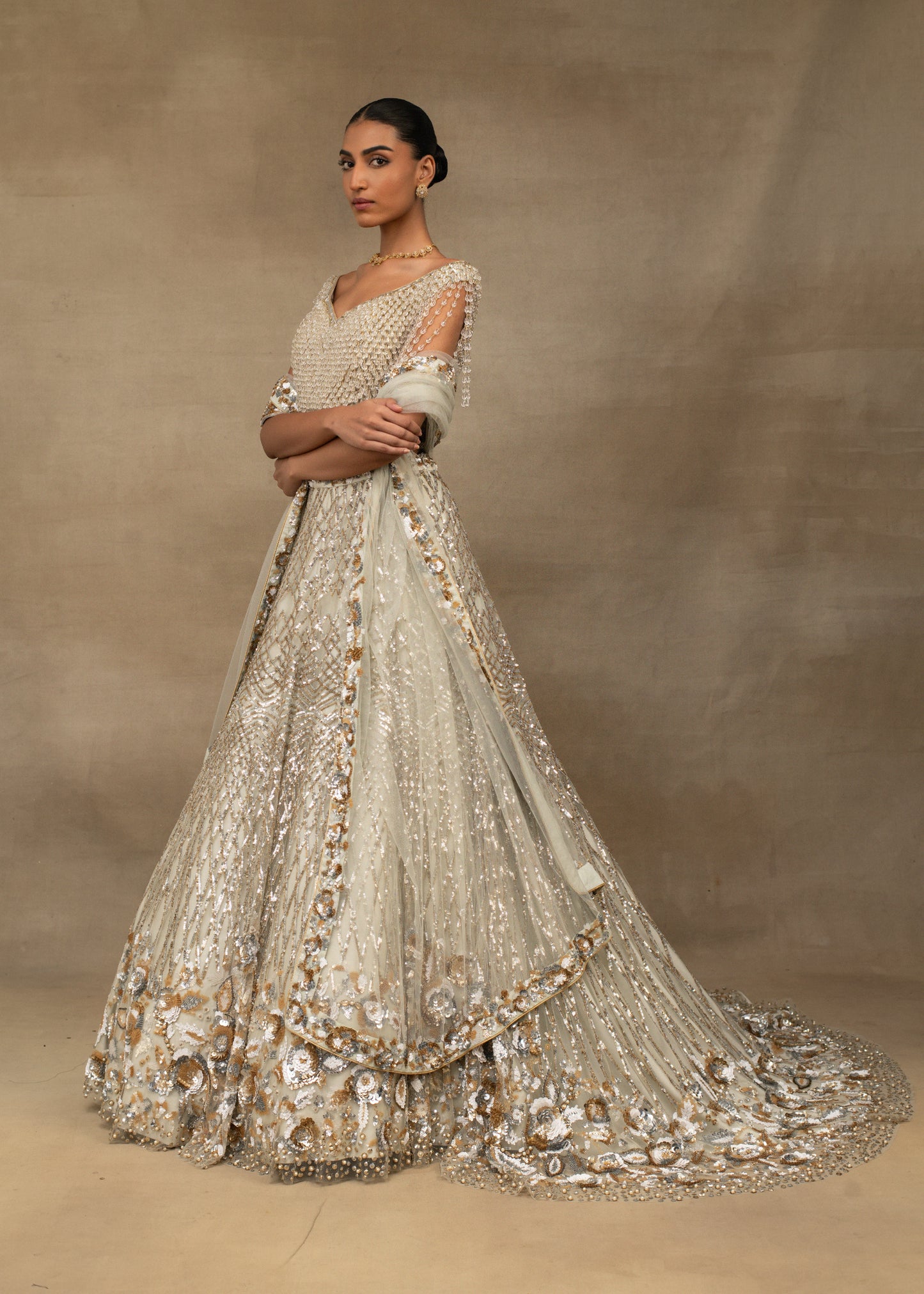 Pearl Embellished Blouse and White Sequin Lehenga Set