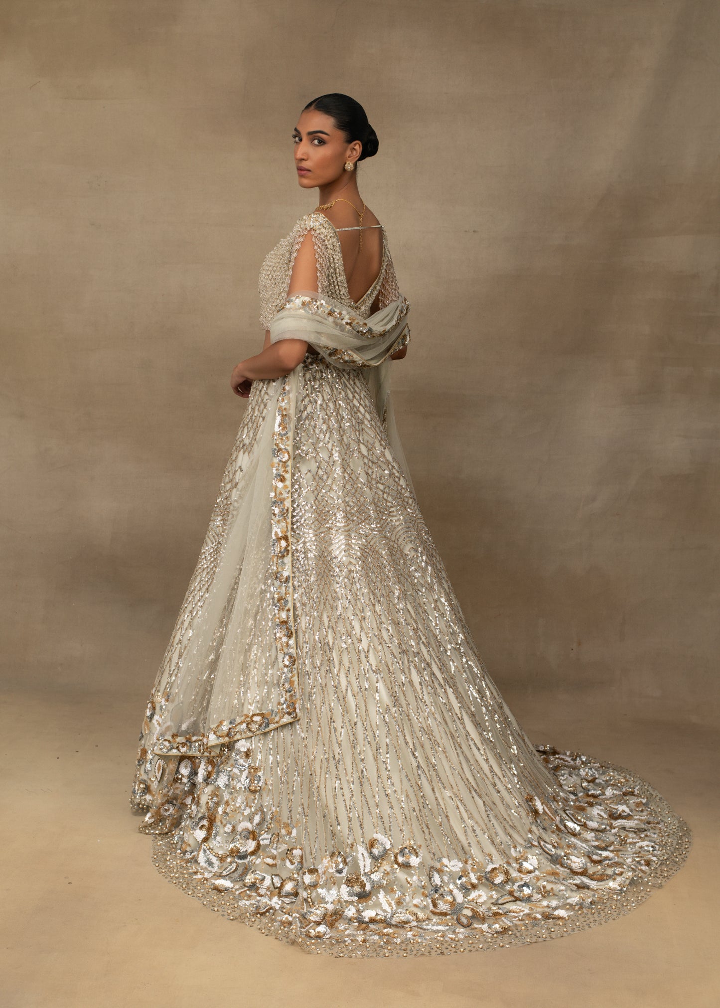 Pearl Embellished Blouse and White Sequin Lehenga Set