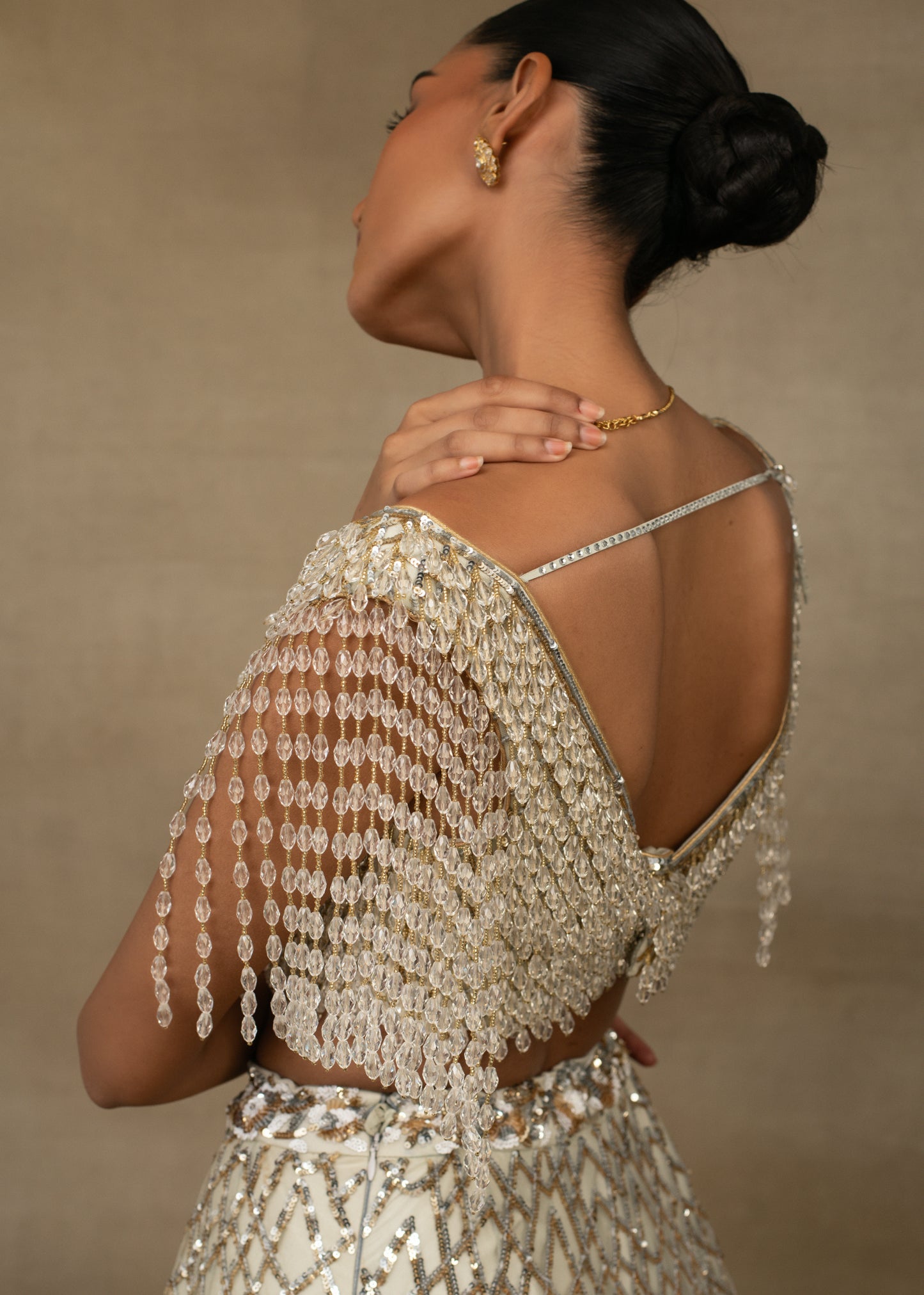 Pearl Embellished Blouse and White Sequin Lehenga Set