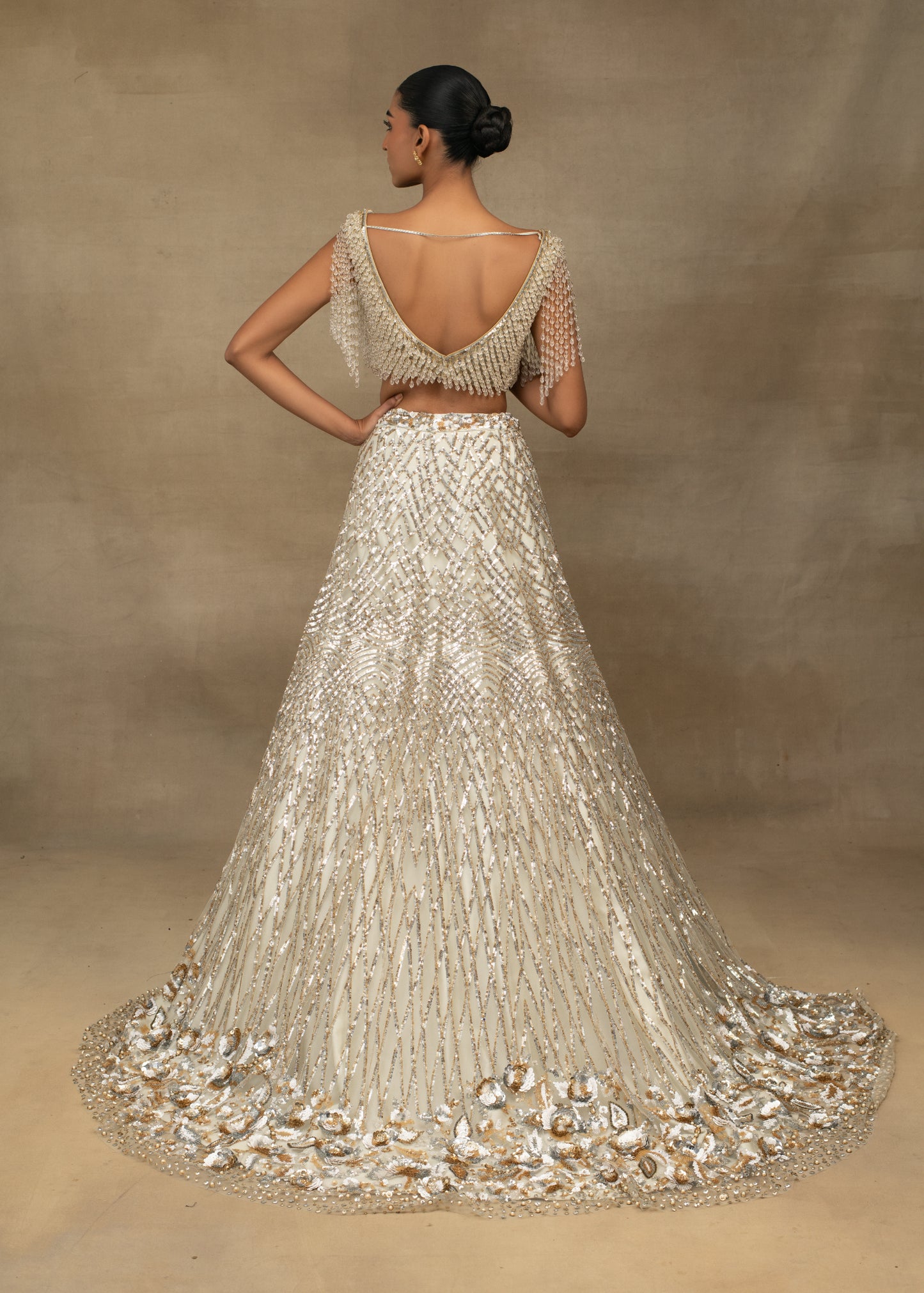 Pearl Embellished Blouse and White Sequin Lehenga Set