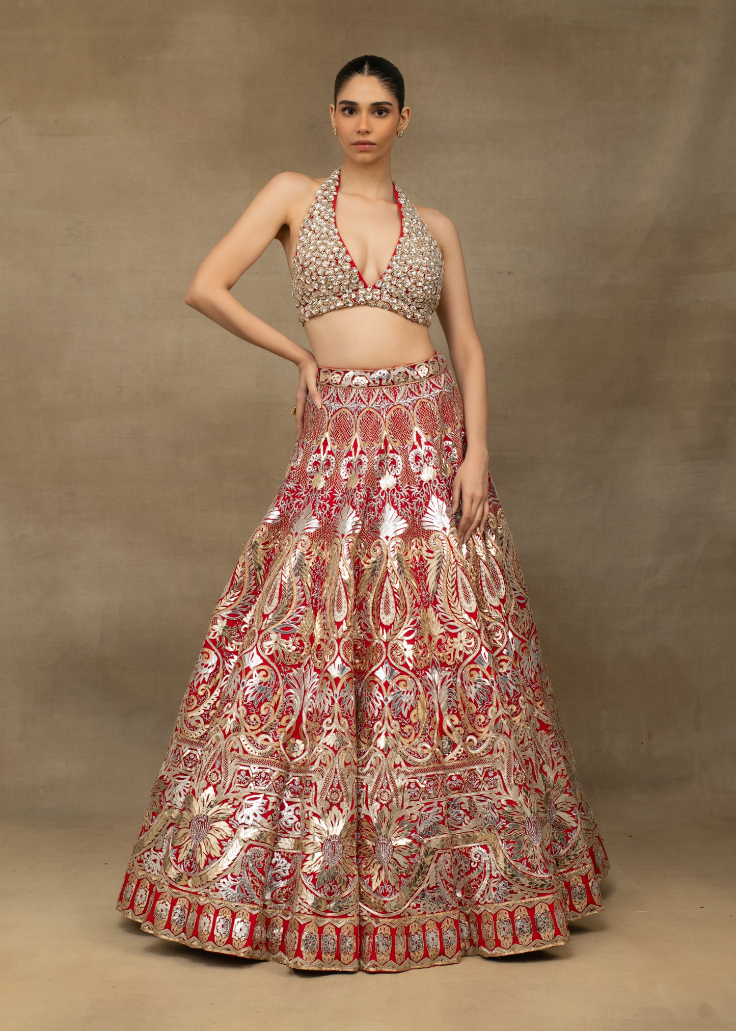 Red and Gold Embroidered Halter Neck Lehenga Set