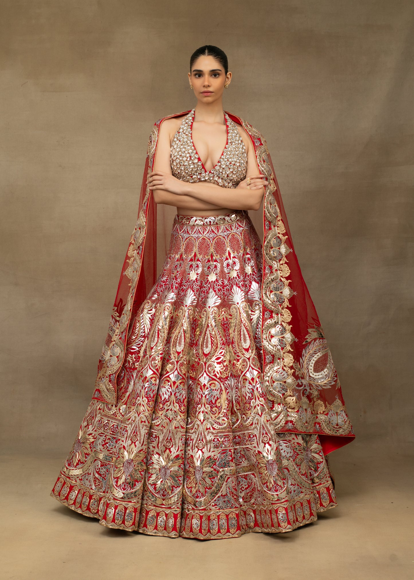 Red and Gold Embroidered Halter Neck Lehenga Set