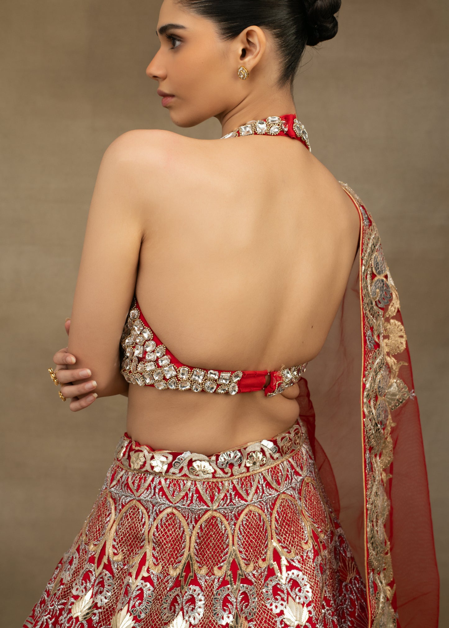 Red and Gold Embroidered Halter Neck Lehenga Set