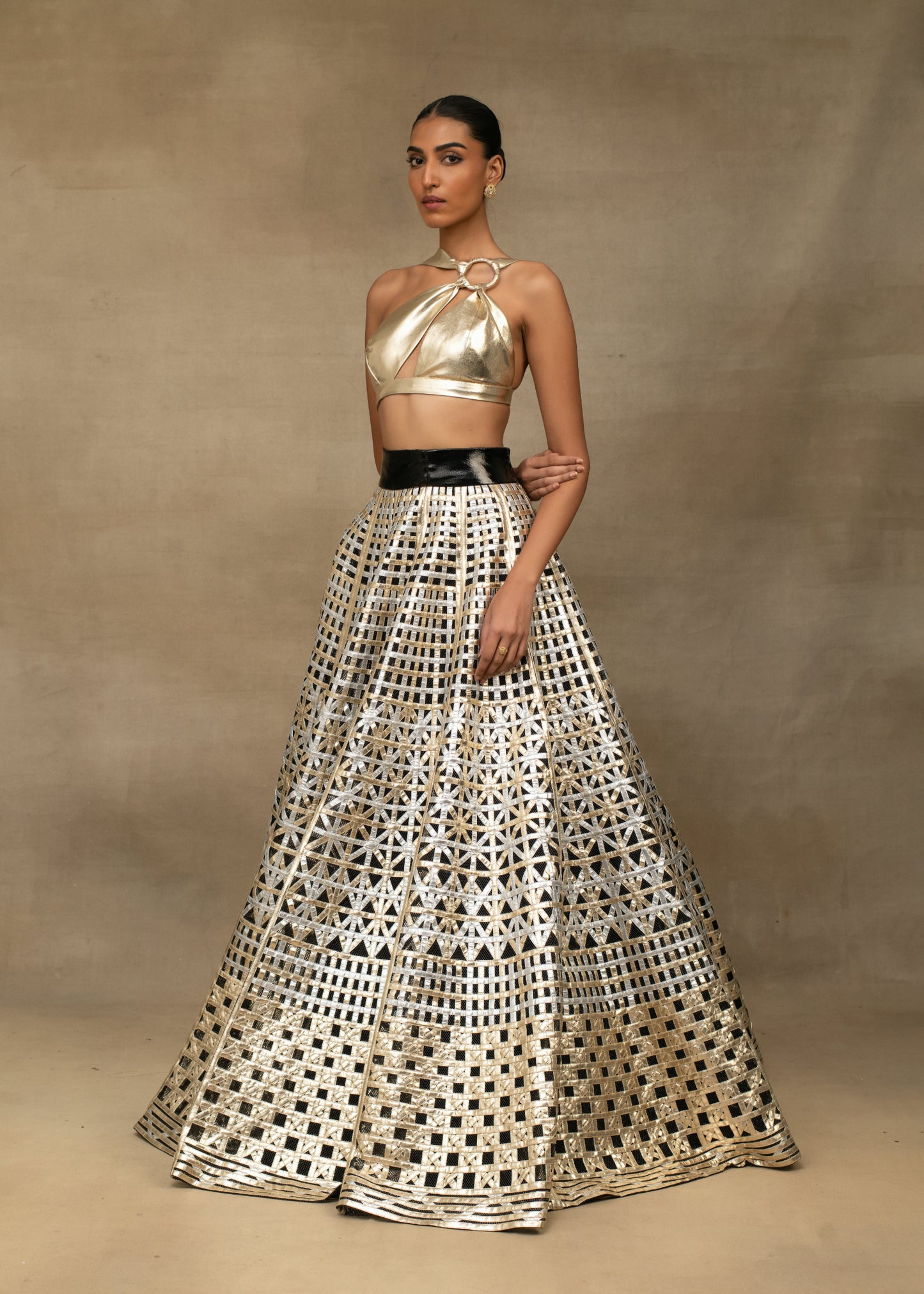 Gold Halter Neck Crop Top with Geometric Sequin Lehenga