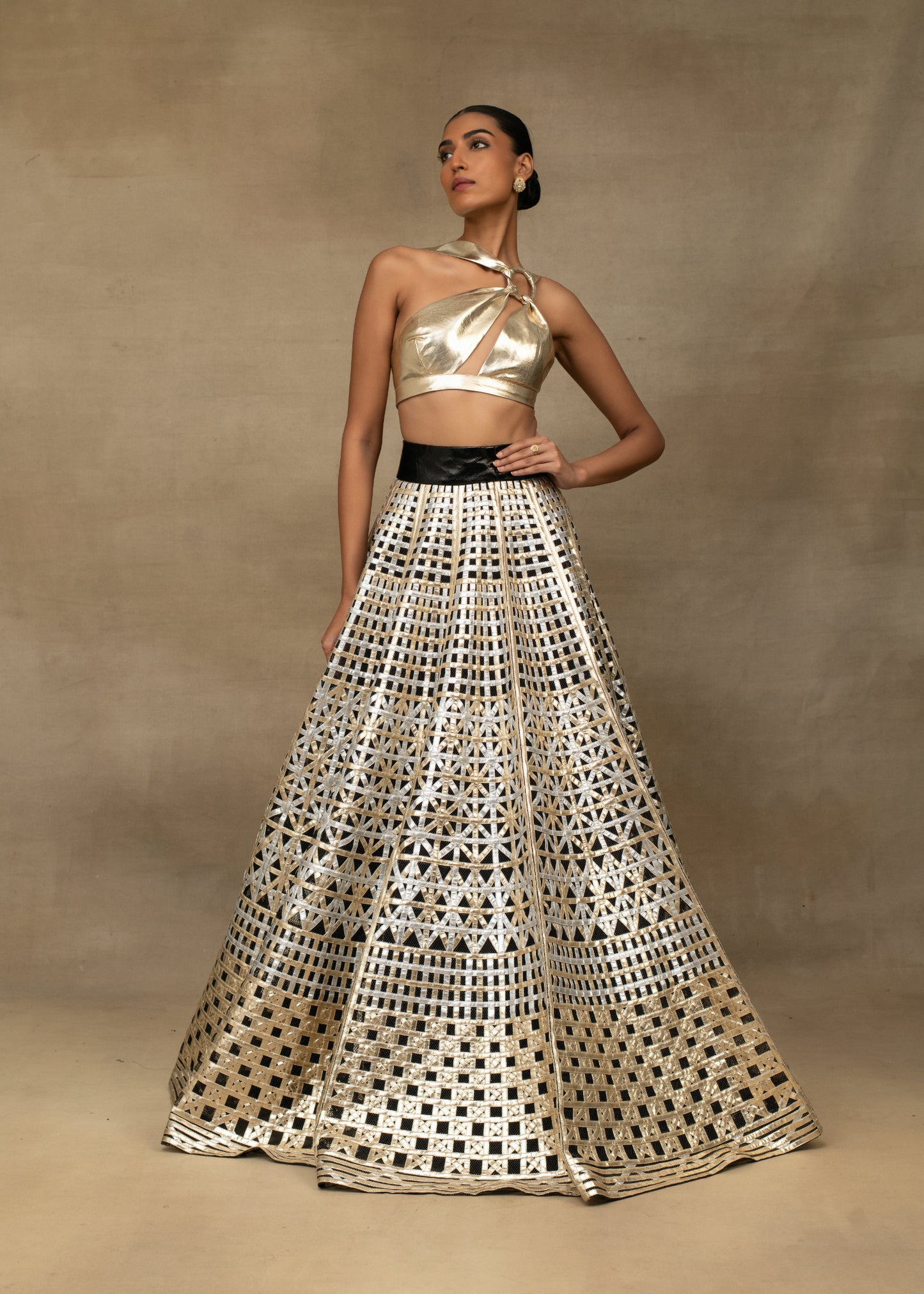 Gold Halter Neck Crop Top with Geometric Sequin Lehenga