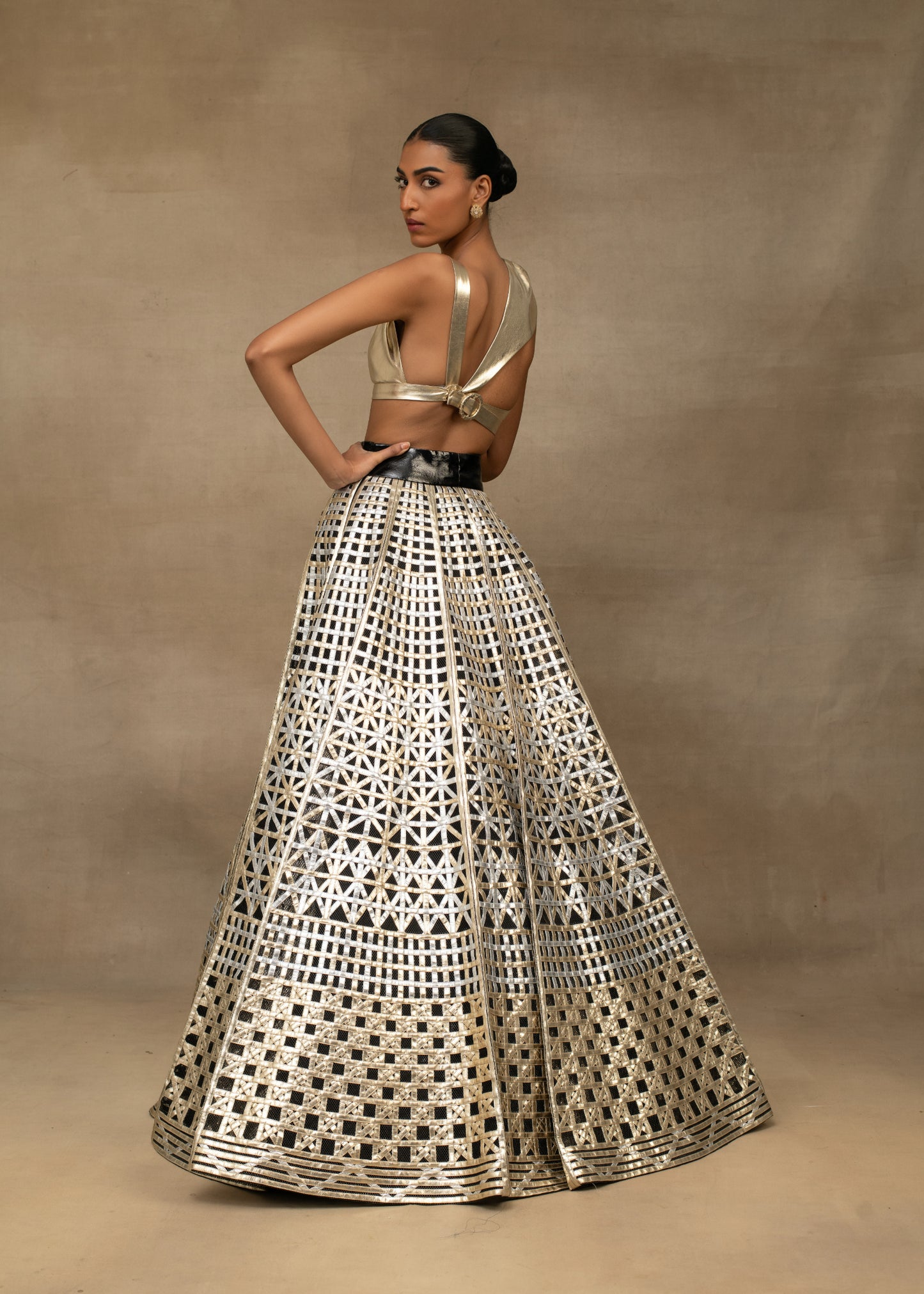 Gold Halter Neck Crop Top with Geometric Sequin Lehenga