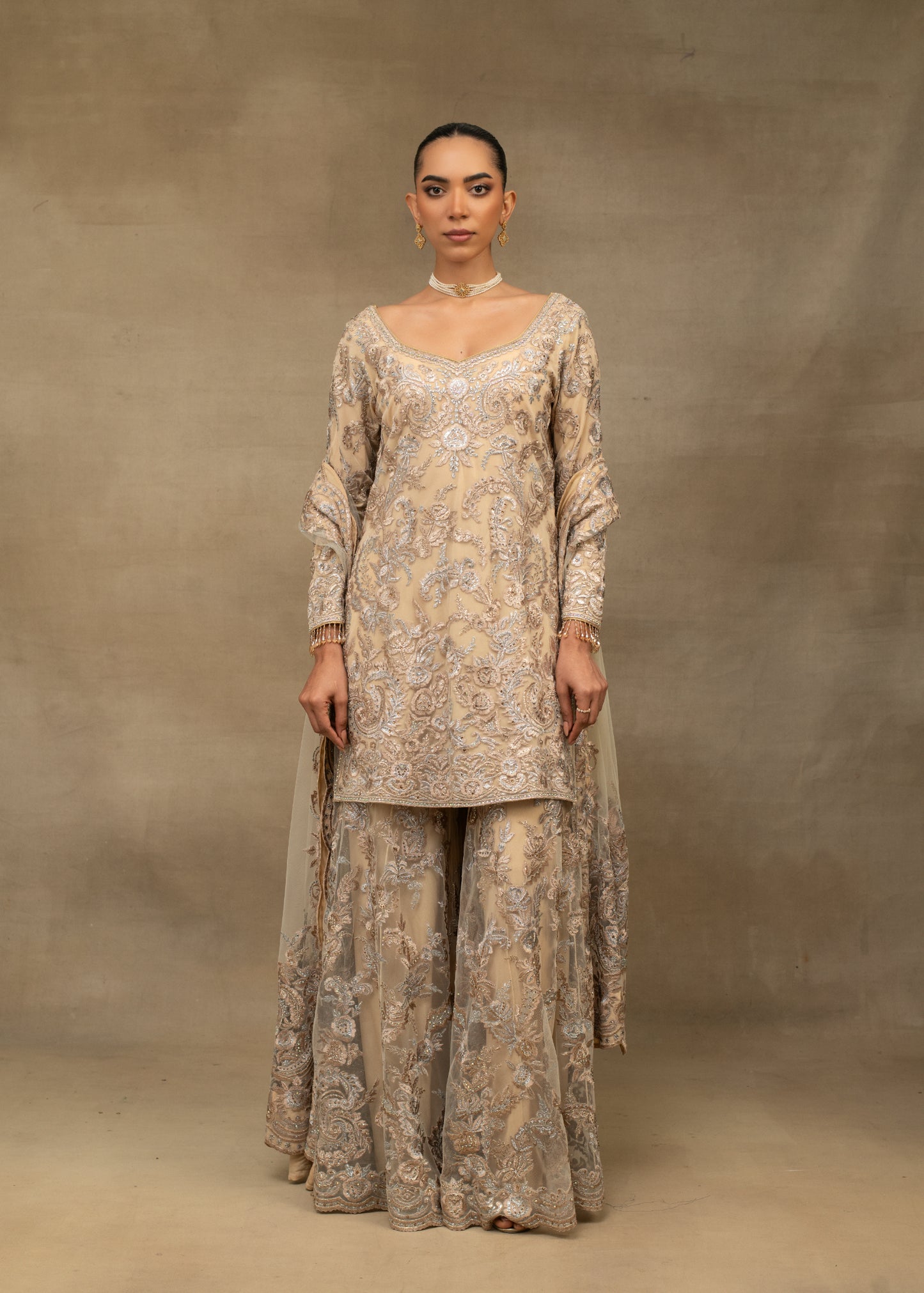 Beige Embroidered Kurta and Sharara Set with Dupatta