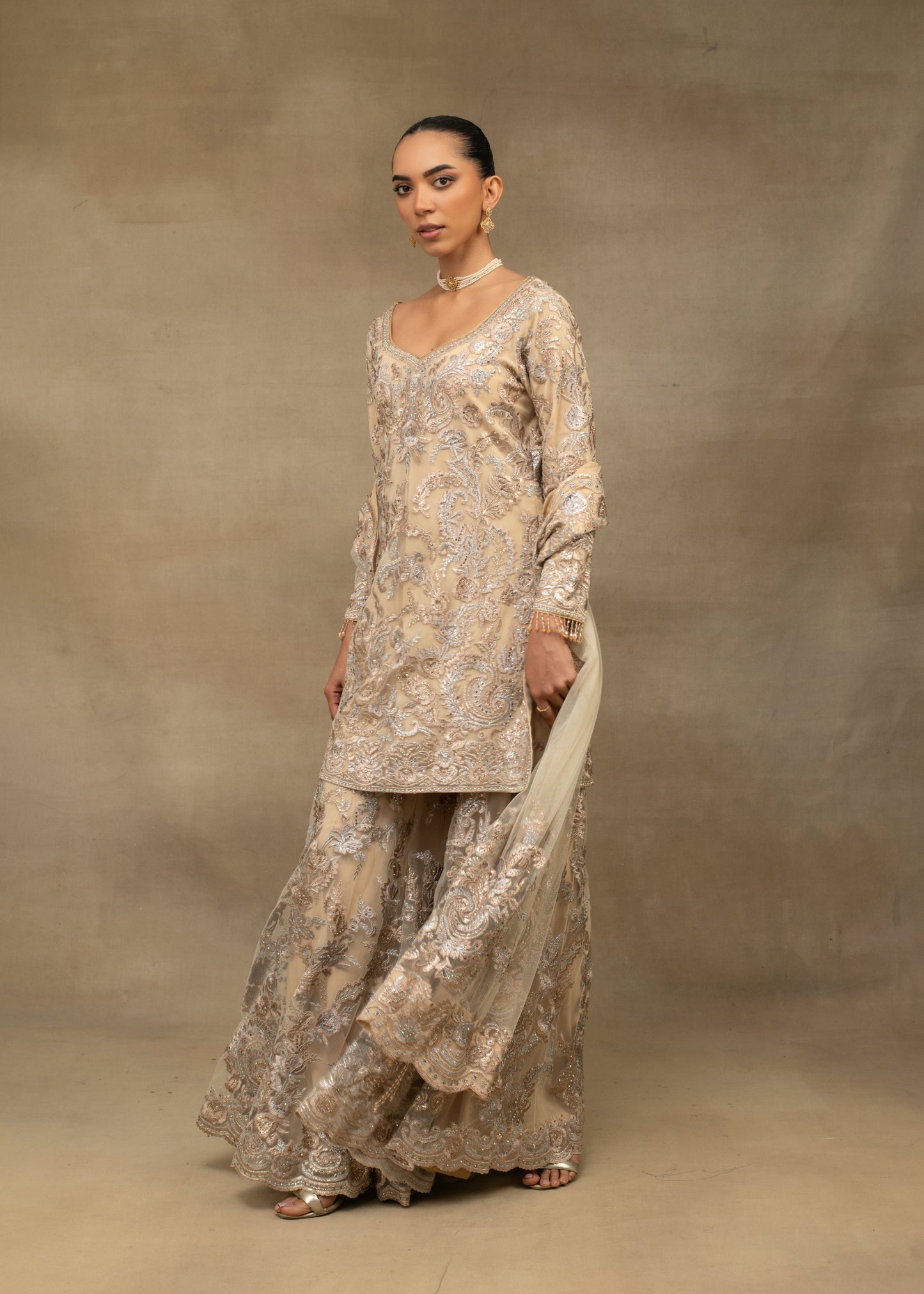 Beige Embroidered Kurta and Sharara Set with Dupatta