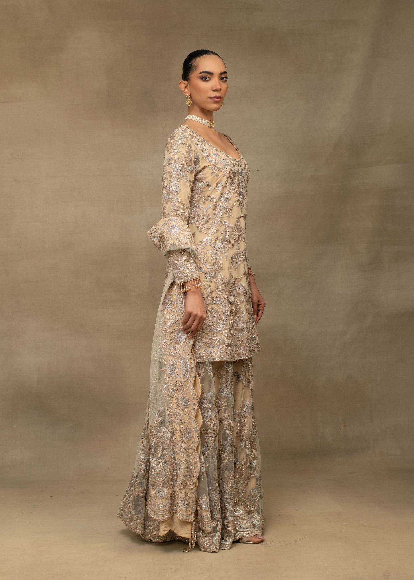 Beige Embroidered Kurta and Sharara Set with Dupatta