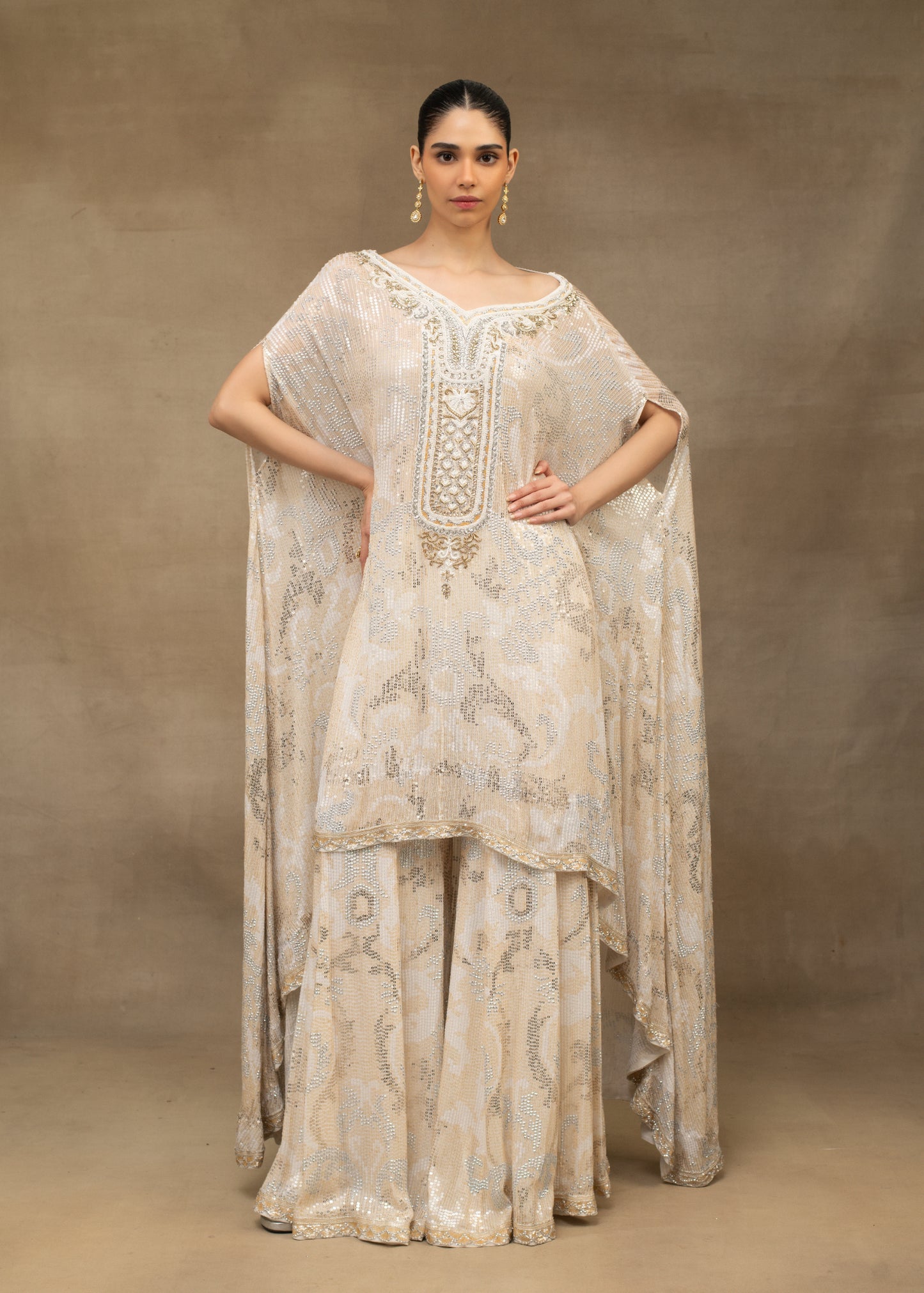 Ivory and Gold Embellished Kaftan Kurta with Gharara