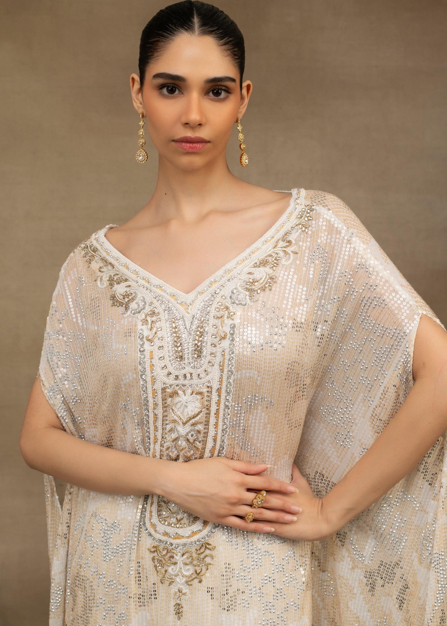 Ivory and Gold Embellished Kaftan Kurta with Gharara