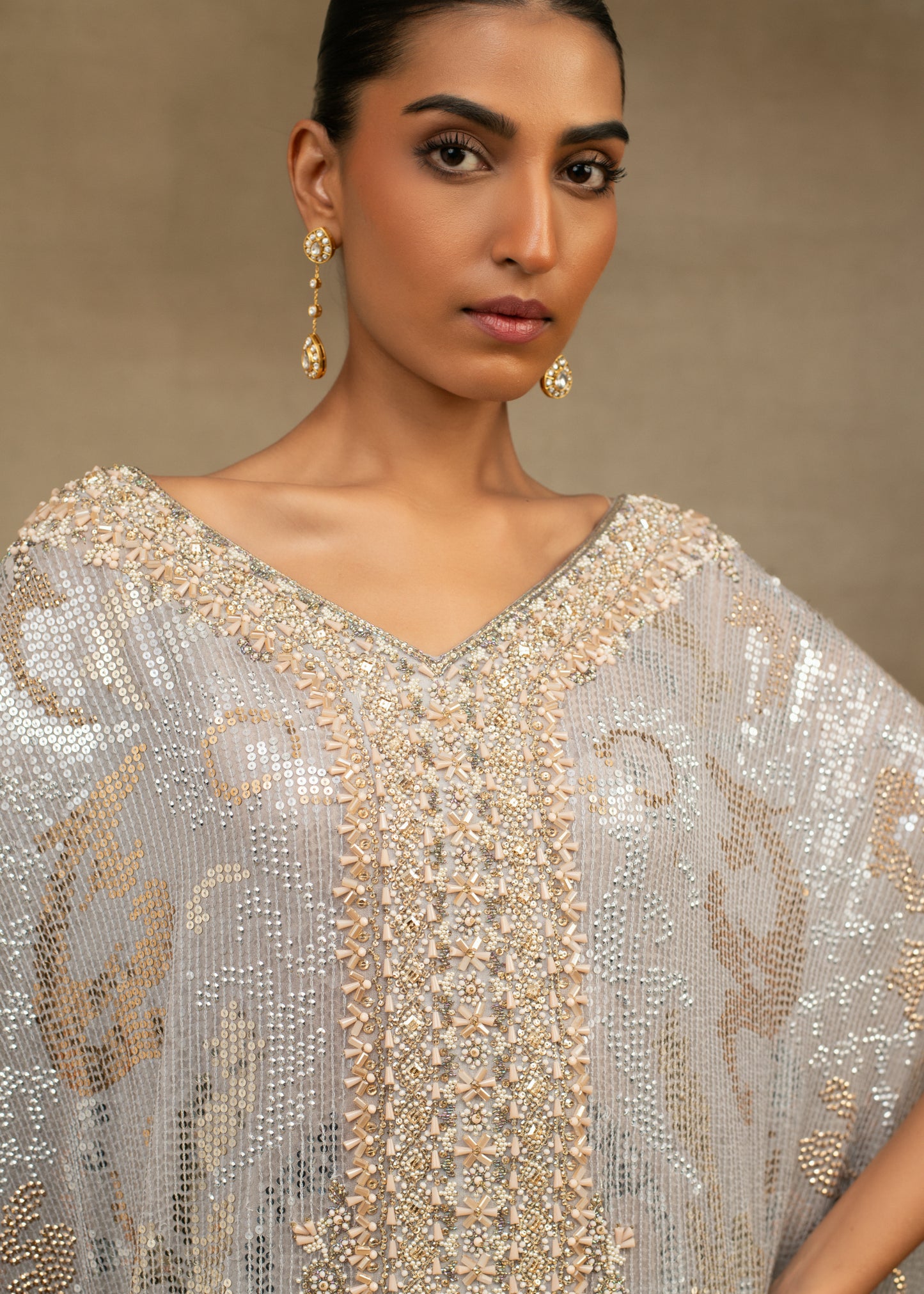 Grey and Gold Embellished Kaftan Kurta with Sharara Set