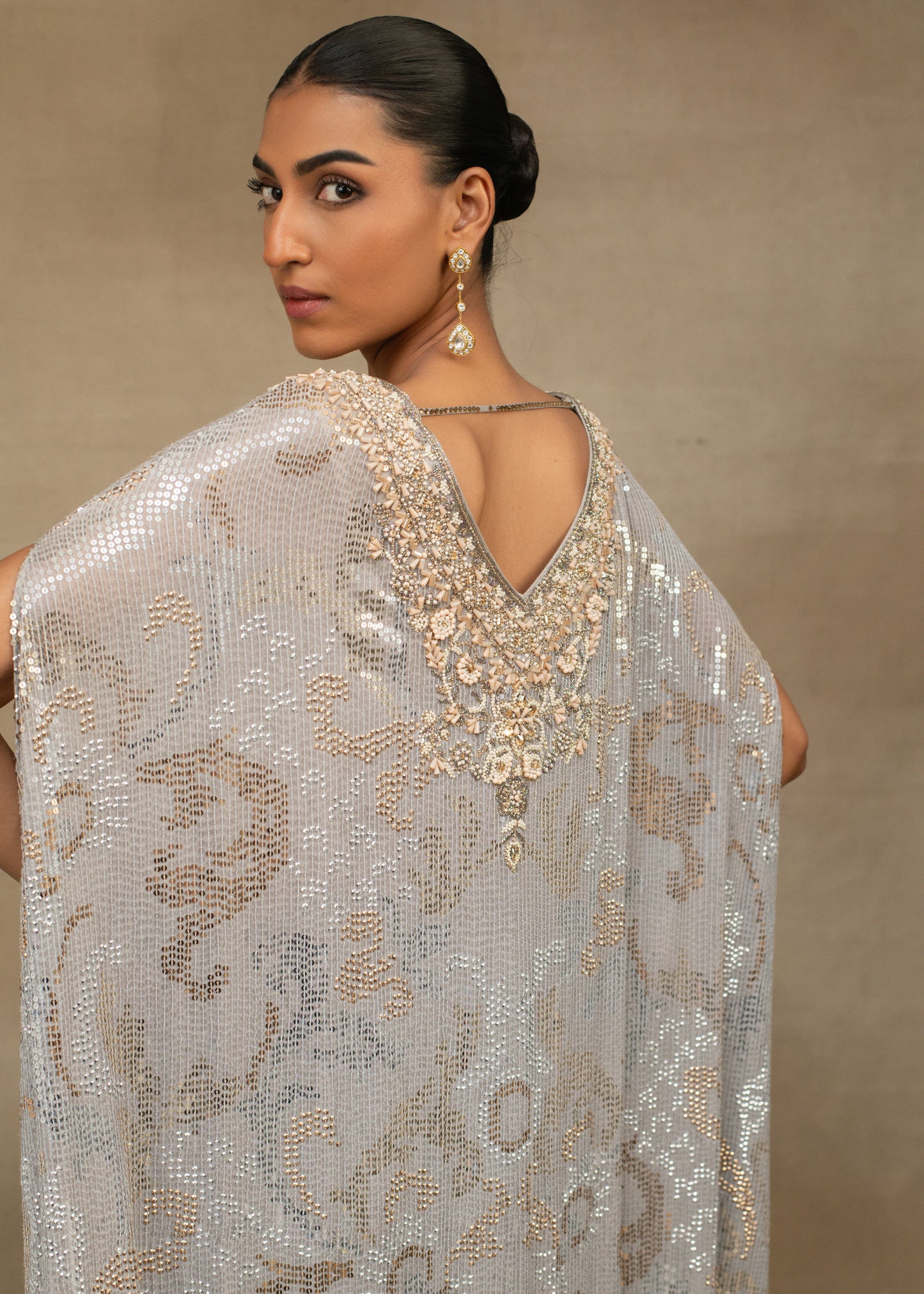 Grey and Gold Embellished Kaftan Kurta with Sharara Set