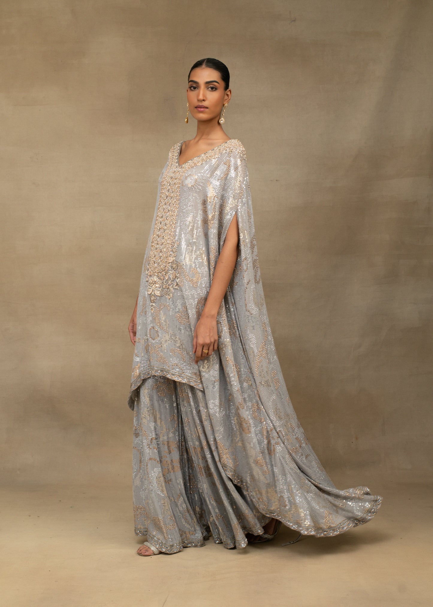 Grey and Gold Embellished Kaftan Kurta with Sharara Set