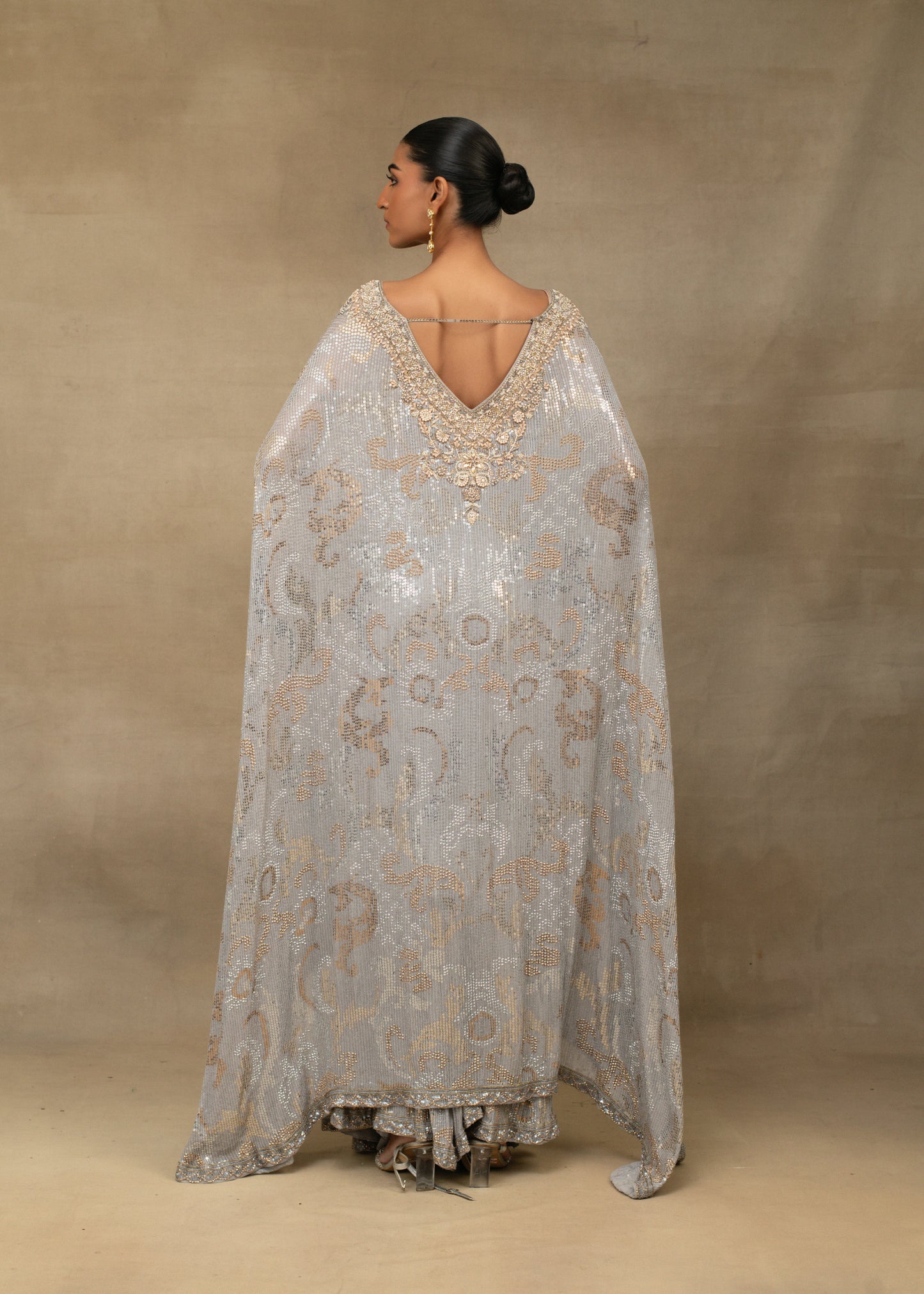 Grey and Gold Embellished Kaftan Kurta with Sharara Set
