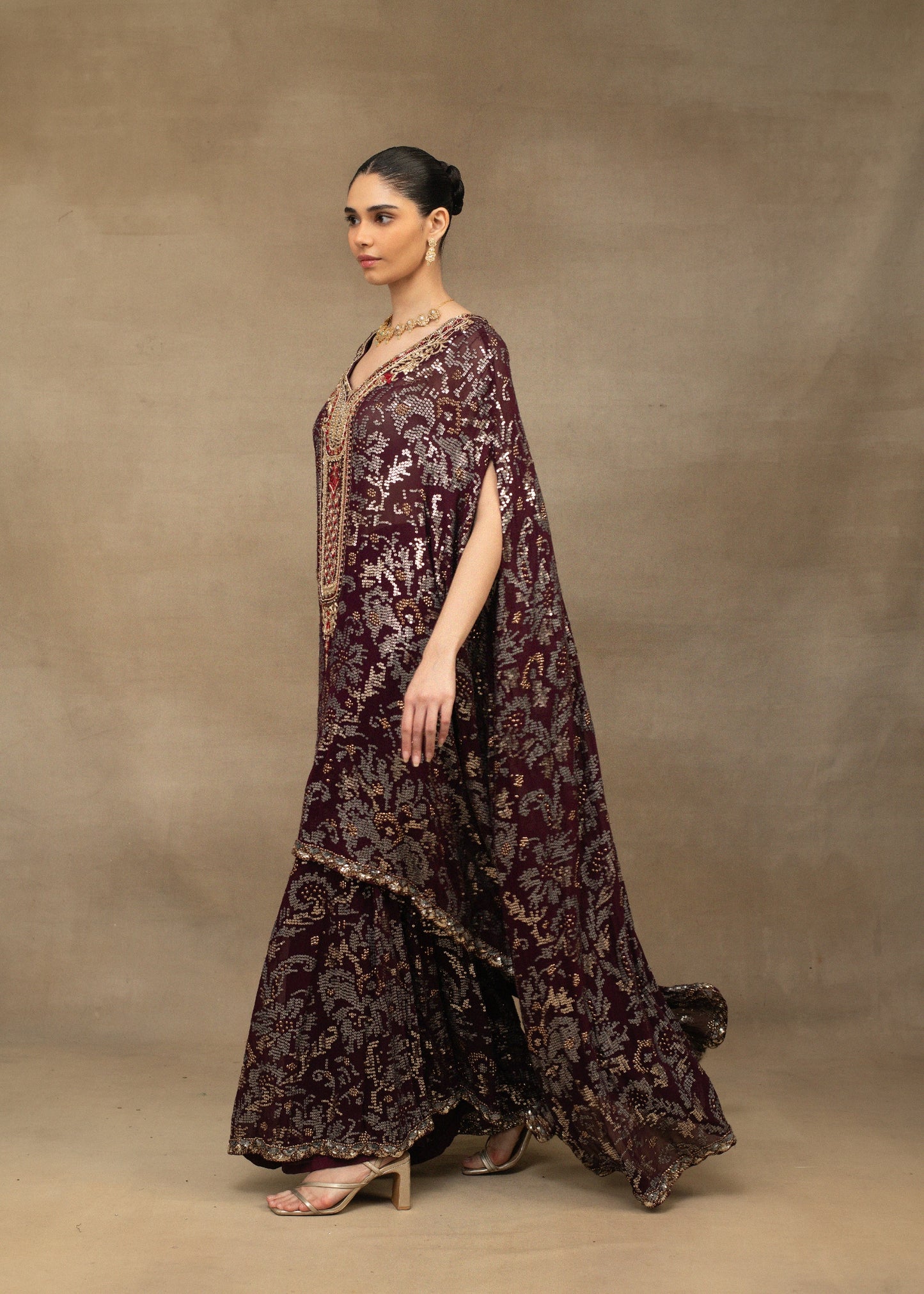 Maroon Embroidered Kaftan Kurta with Palazzo Set
